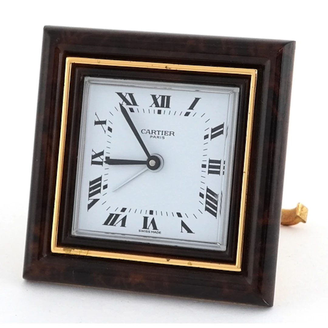Cartier, enamelled brass quartz strut clock numbered 7513 02...