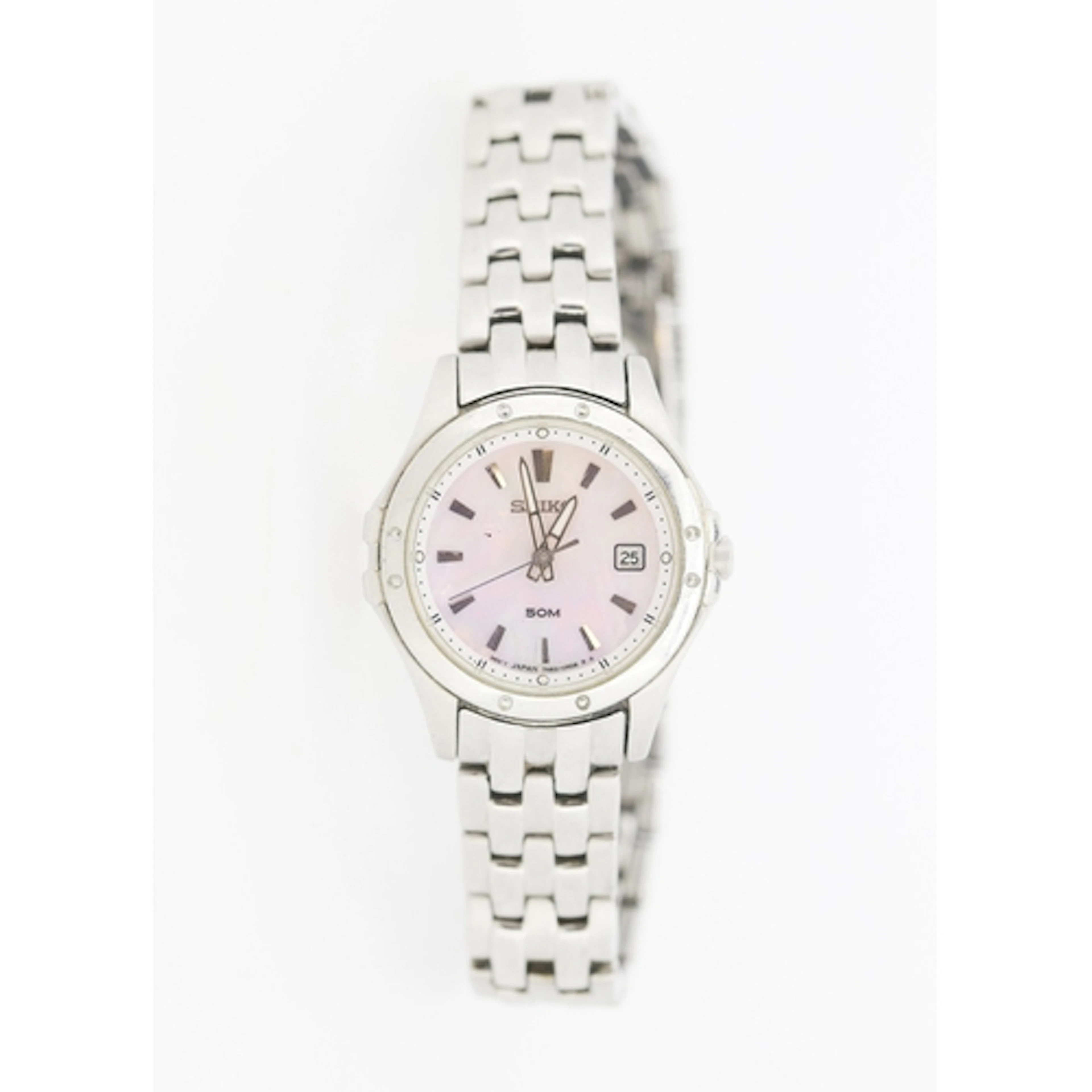 Seiko Ladies Silver Tone Wristwatch, Mother of Pearl Coral H...