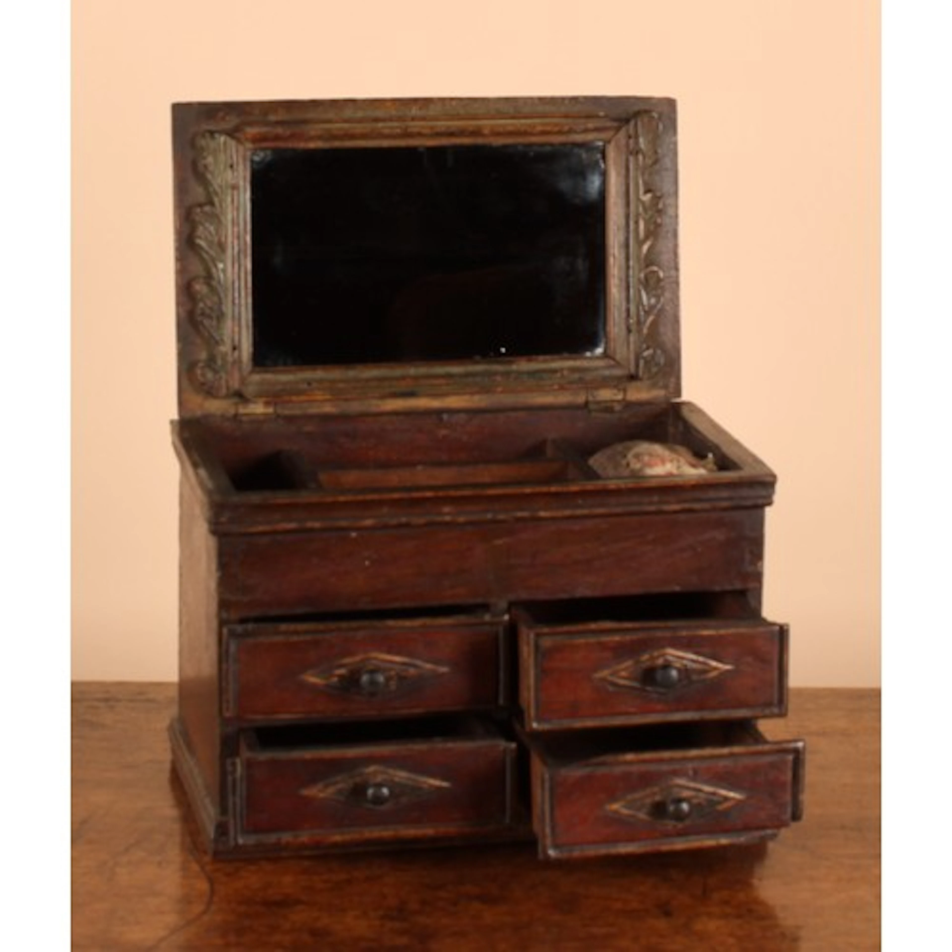 A Tramp Art oak vanity box, the hinged cover mounted with a ...
