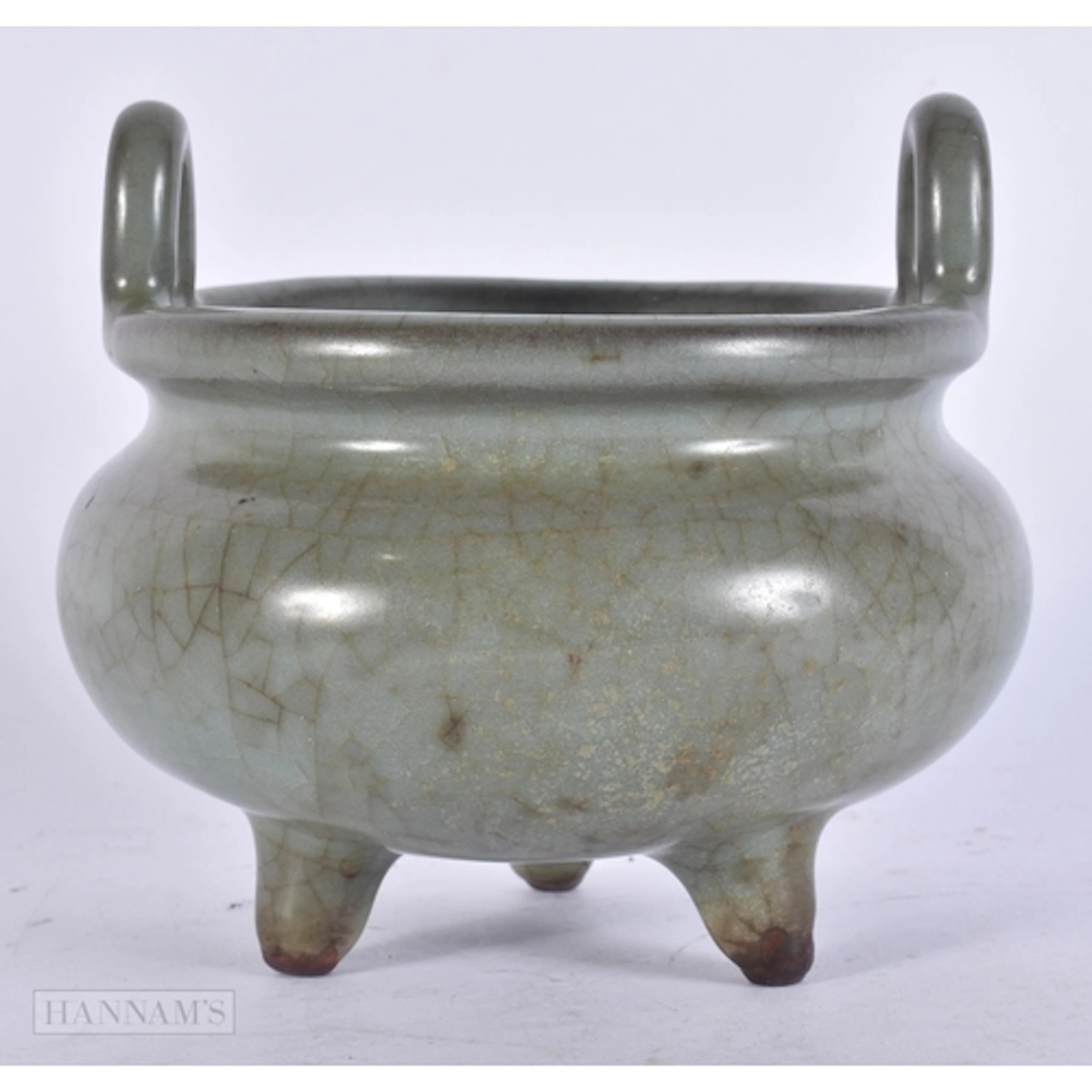 A CHINESE TWIN HANDLED CRACKLE GLAZED CENSER probably Yuan/M...