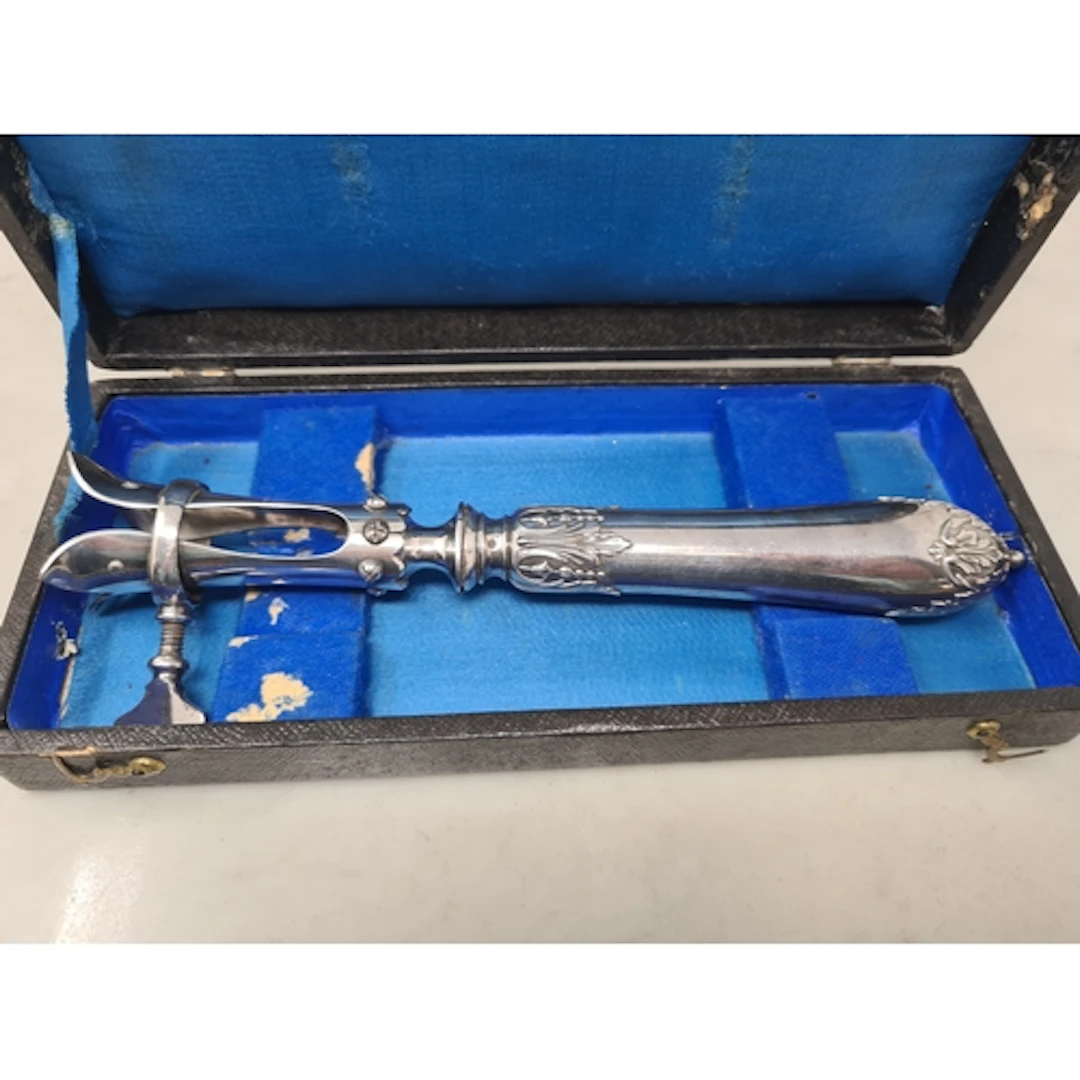 A French silver handled plated Ham Hock Handle, in case