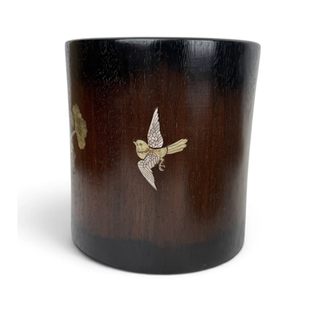 A CHINESE WOODEN BRUSH POT (BITONG), MOTHER OF PEARL INLAID ...