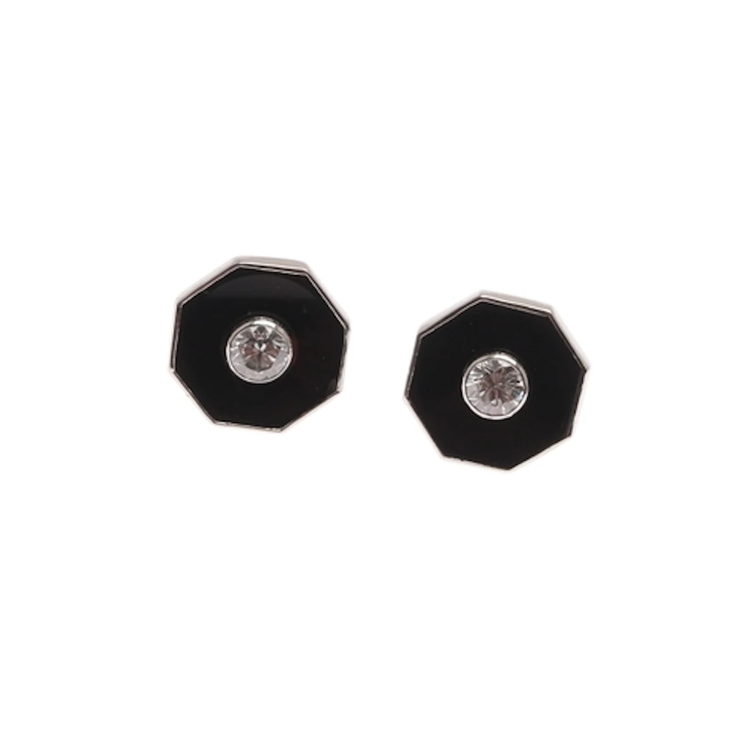 A PAIR OF BLACK ONYX AND DIAMOND STUD EARRINGS. of octagonal...