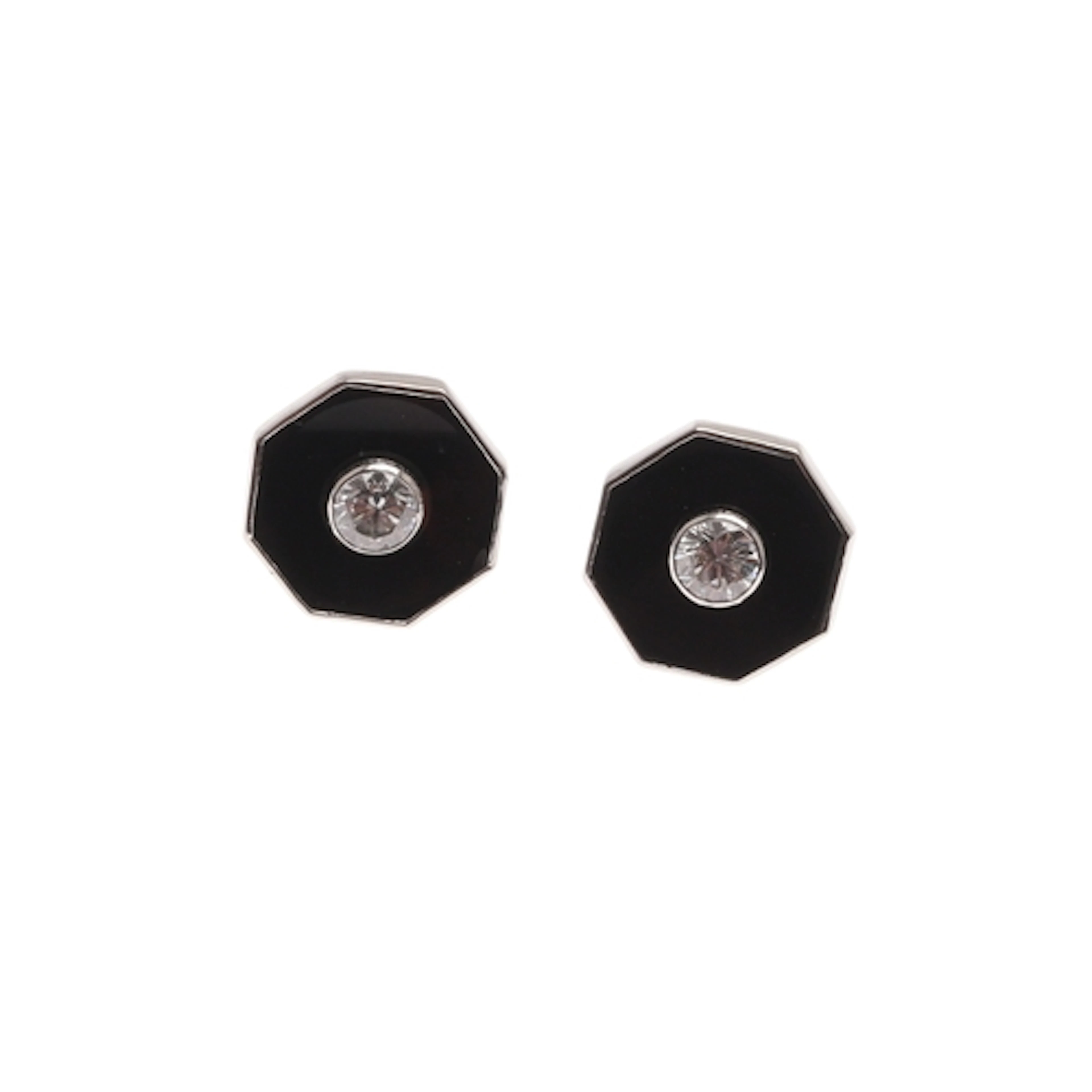 A PAIR OF BLACK ONYX AND DIAMOND STUD EARRINGS. of octagonal...