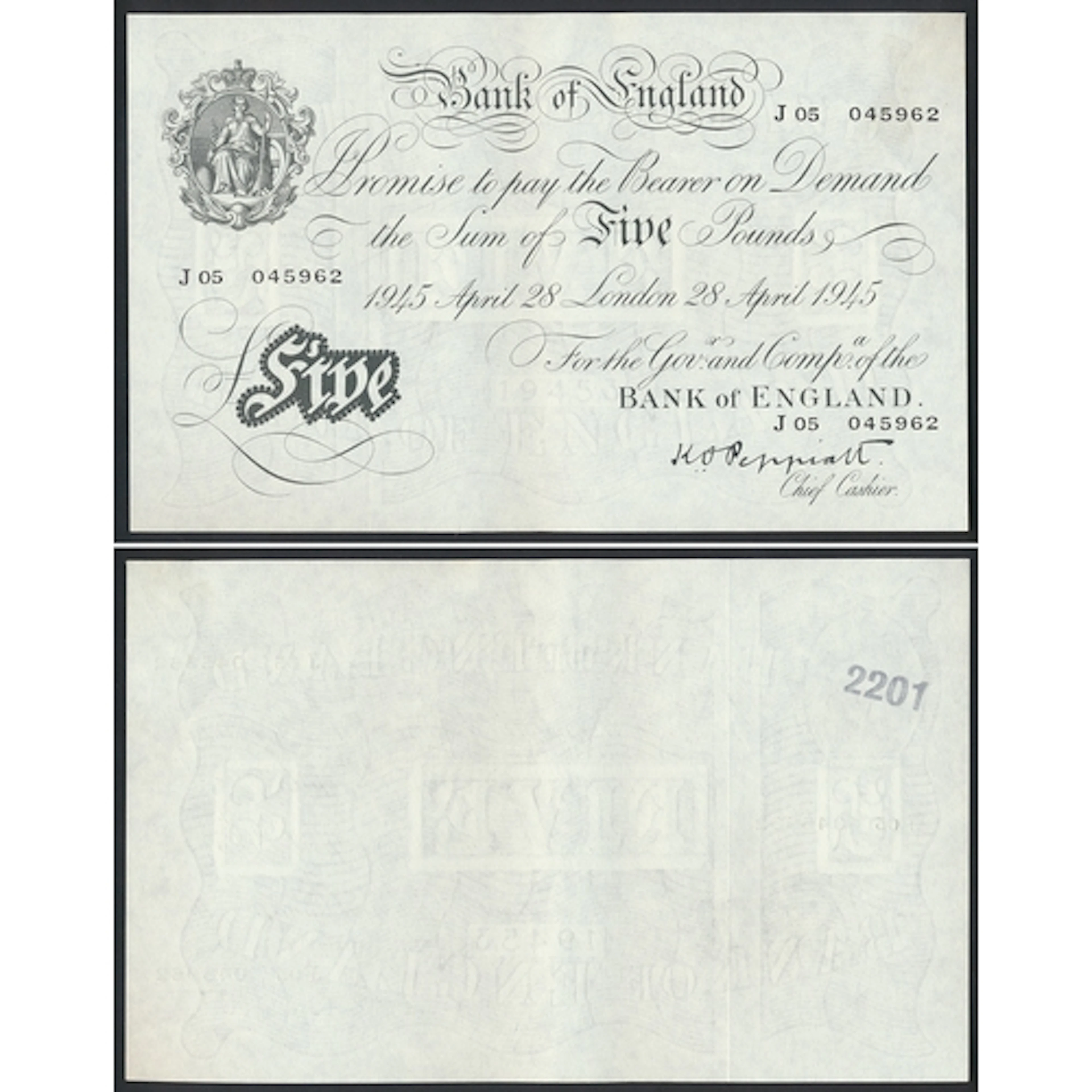 K.O.Peppiatt. £5 1945 (28 April) J 05 045962 thick paper ver...