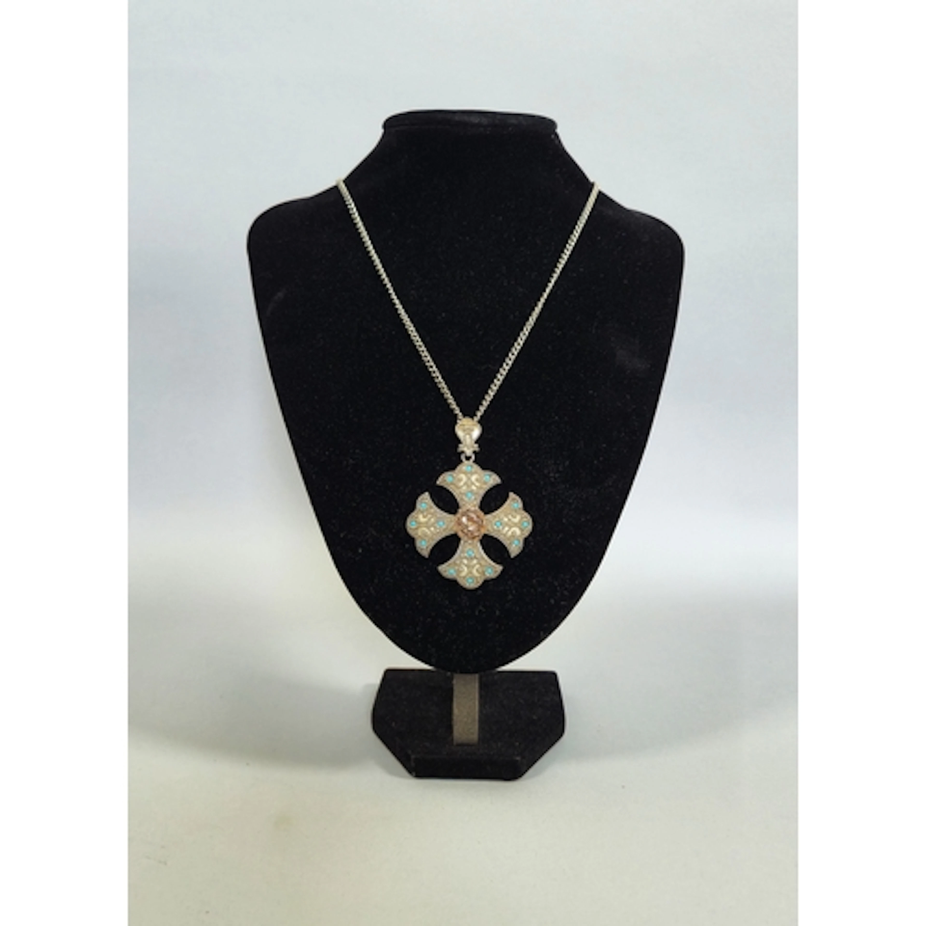 Silver and turquoise cross pendant, set with multiple small ...