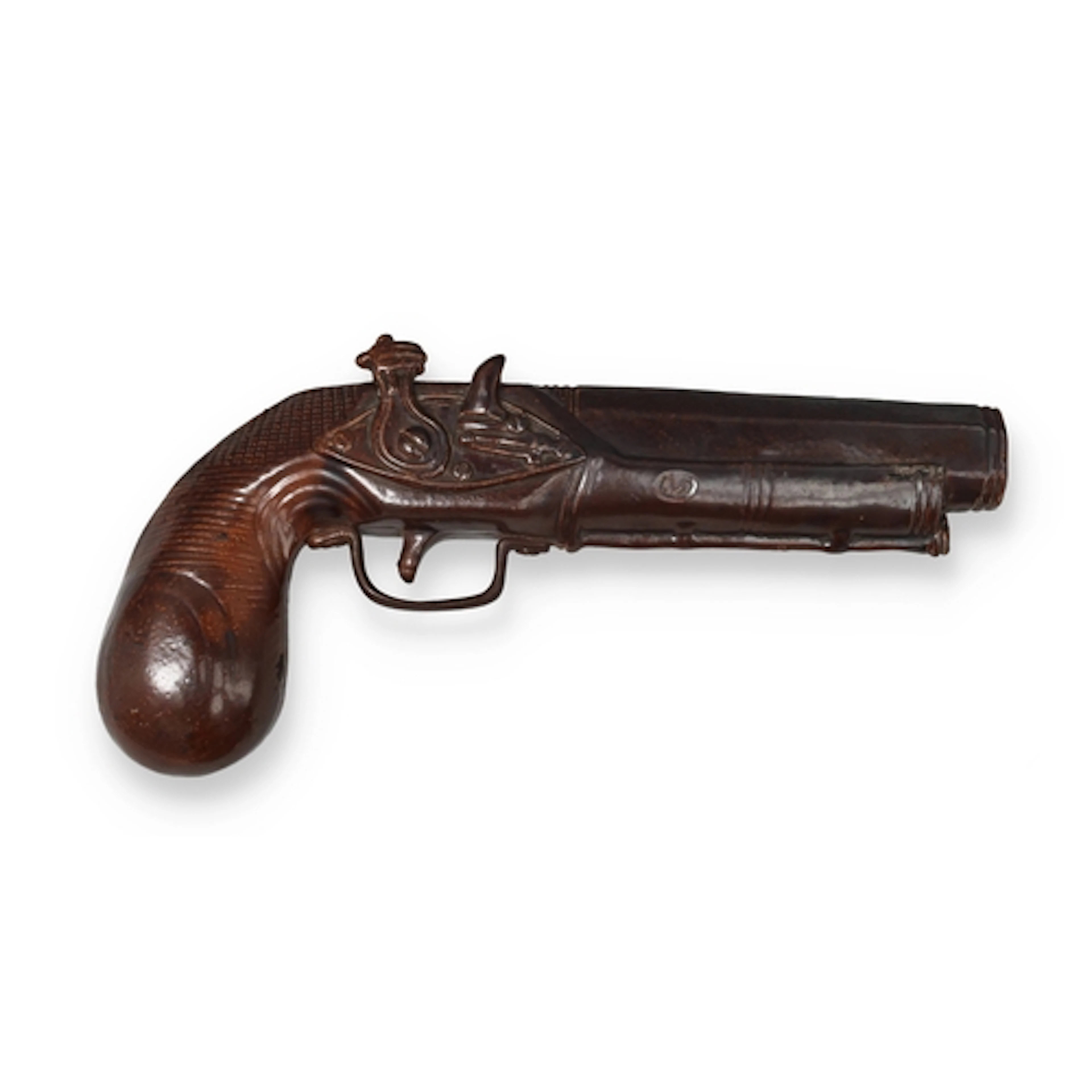 A SALT-GLAZED POTTERY FLINTLOCK PISTOL FLASK, CIRCA 1840S 27...