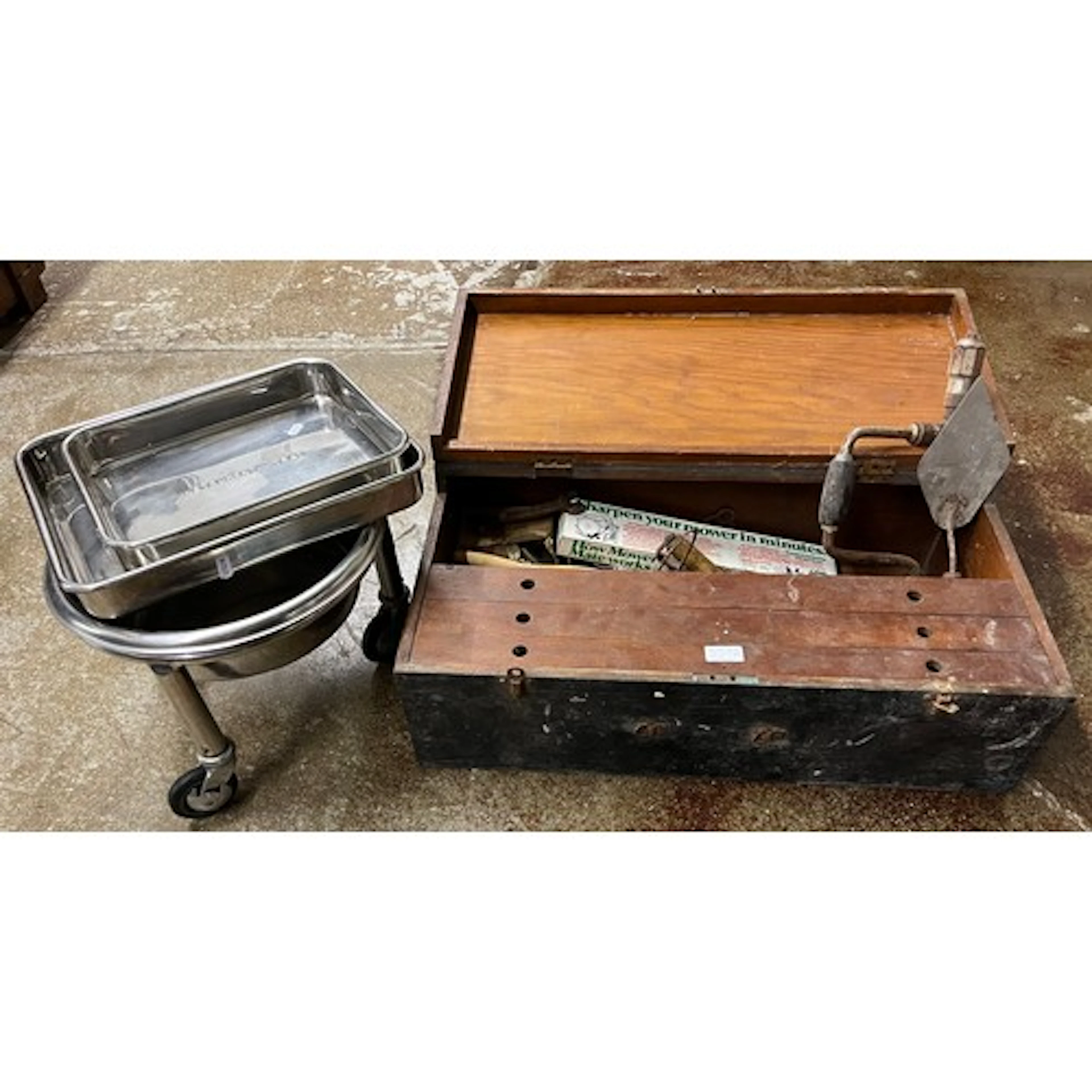 Wooden toolbox with tools to include tool sharpener, wrench,...