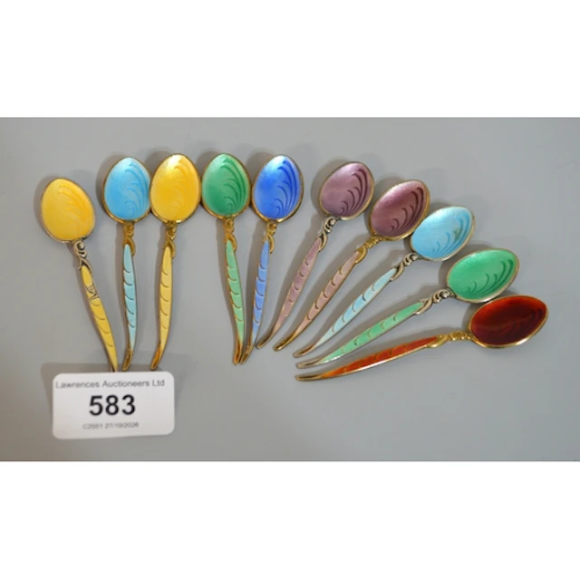 Set of ten Birmingham silver gilt and coloured translucent e...