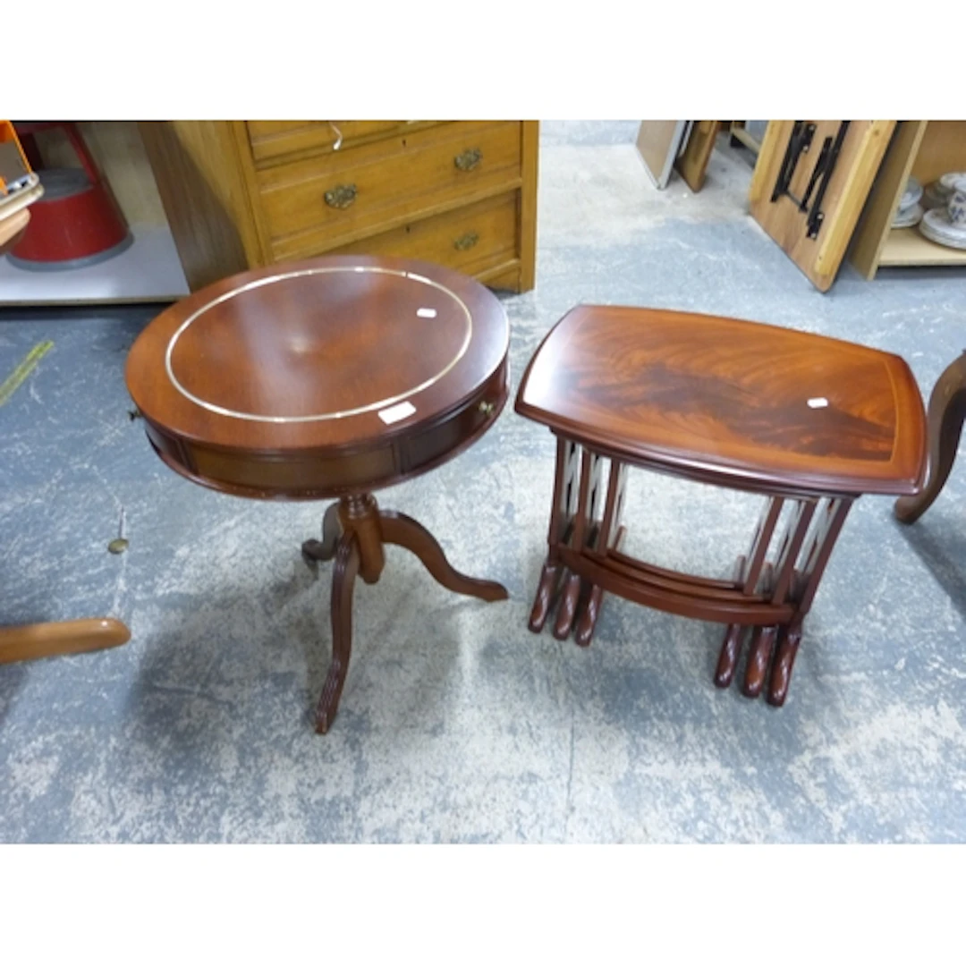 Nest of three tables and small drum side table. (2)