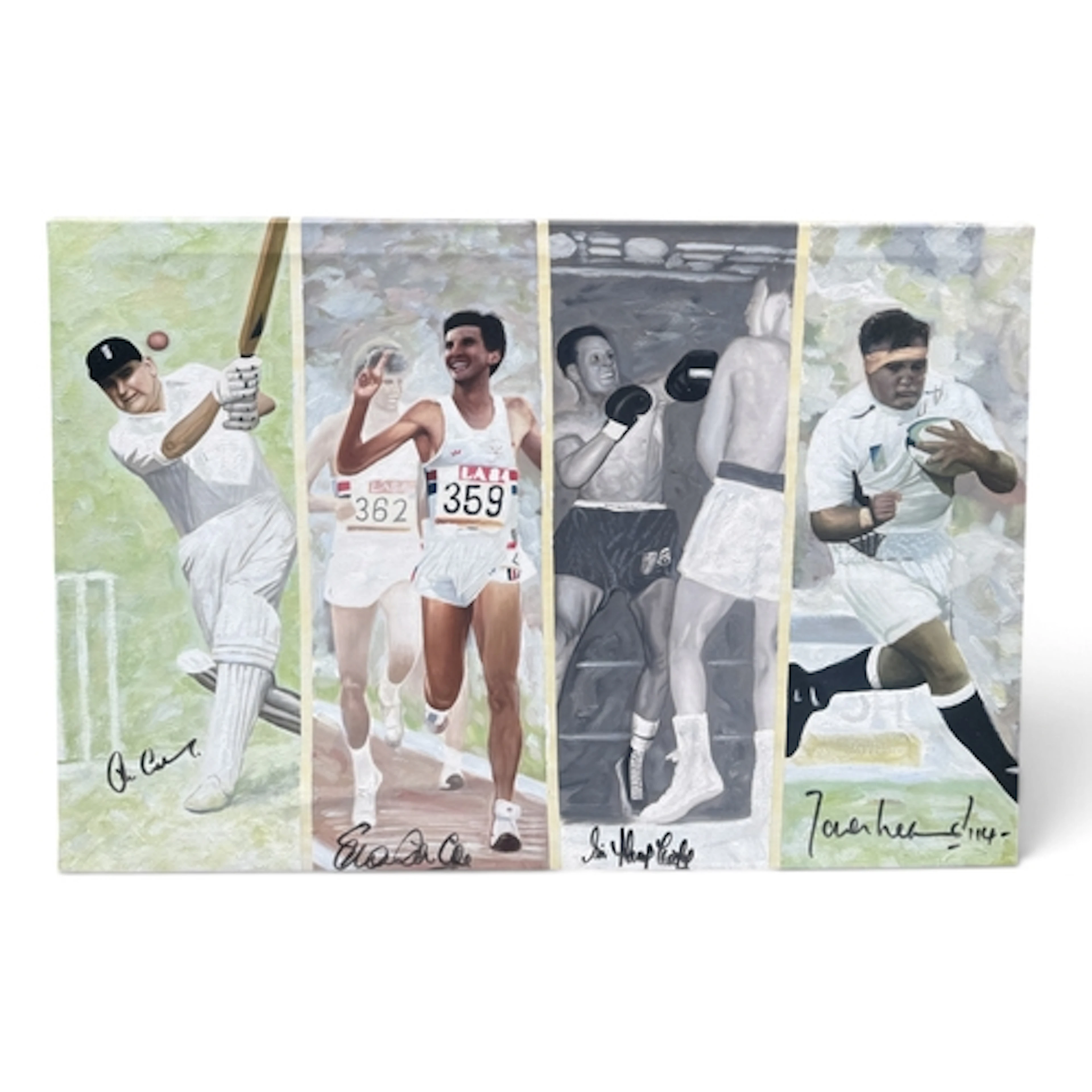 AN ACRYLIC PAINTING ON CANVAS DEPICTING BRITISH SPORTS STARS...