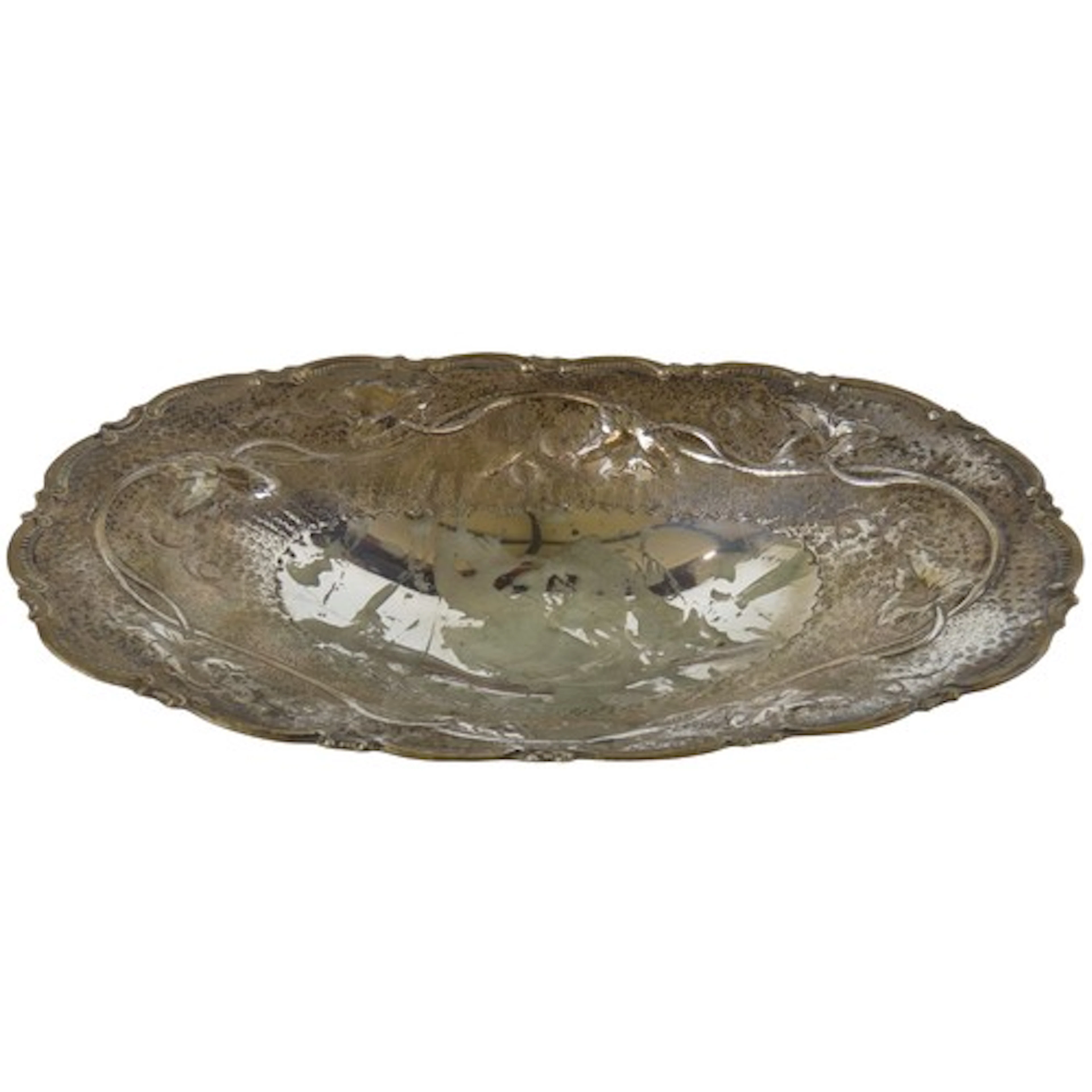 A CONTINENTAL SILVER OVAL FORM DISH with repousse vine decor...