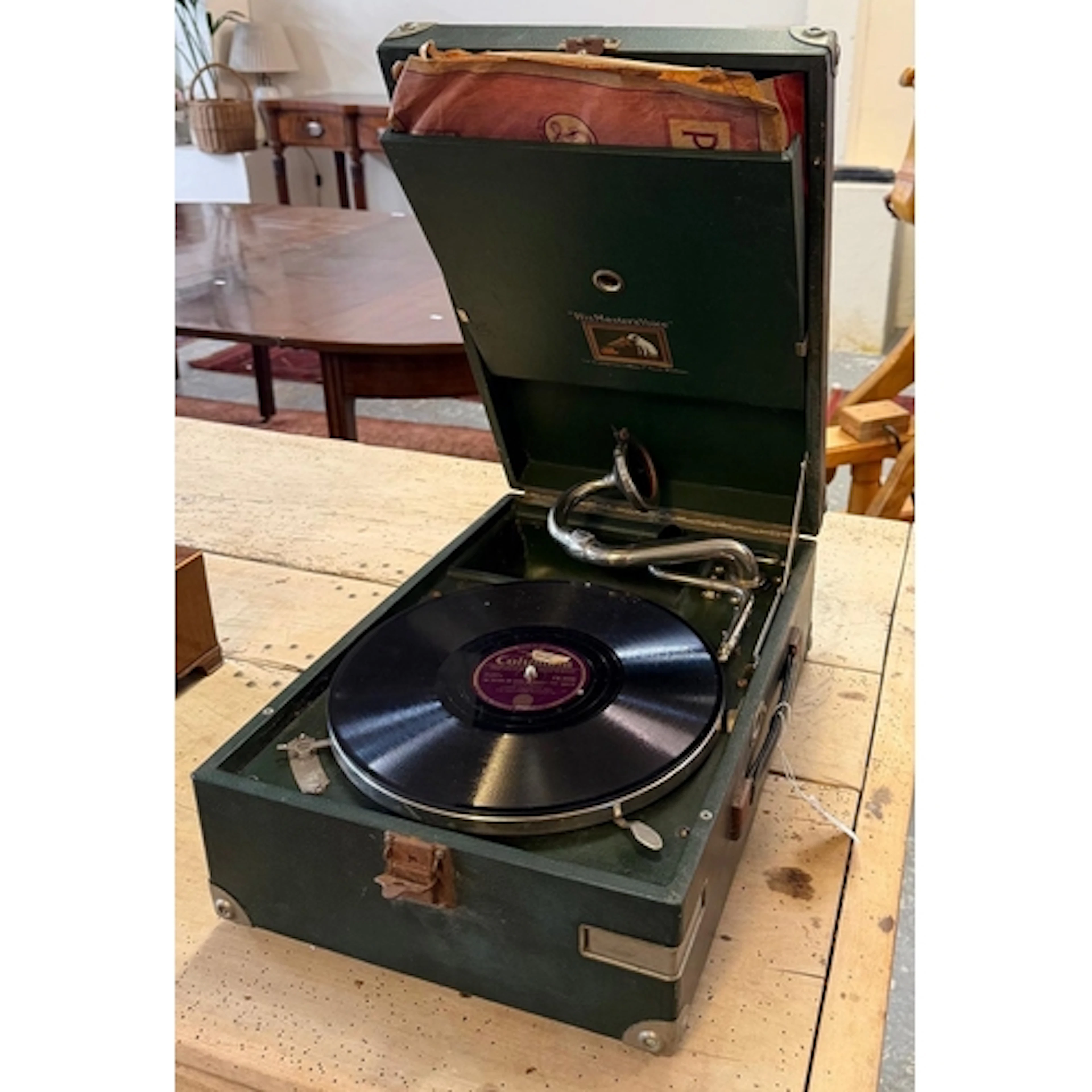 Vintage HMV table top gramophone in fitted carry case. (B.P....