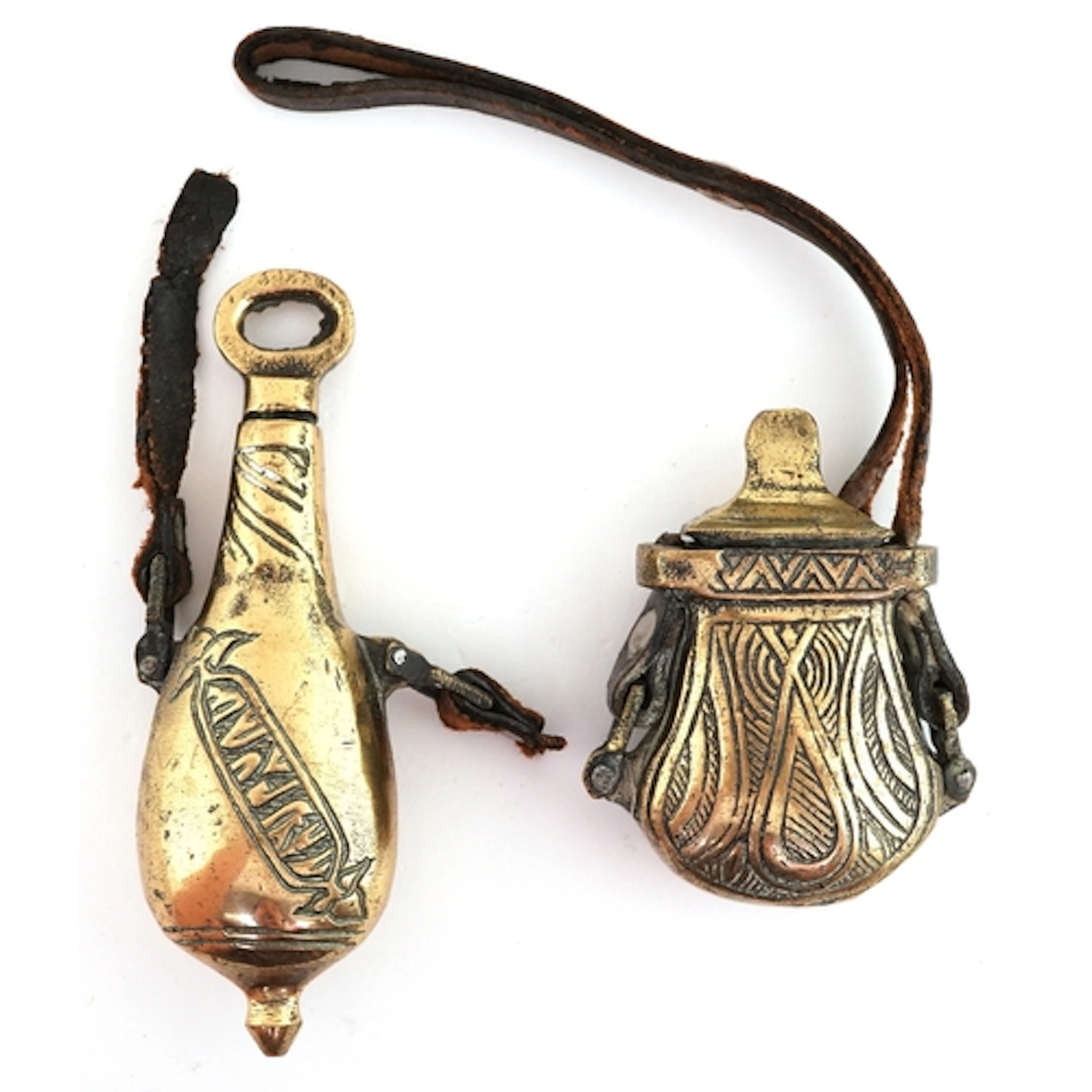 Two 19th century Ottoman empire brass powder flasks, each be...