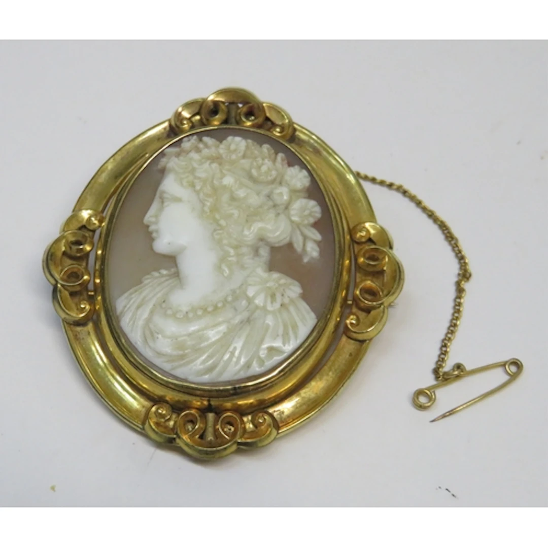19th Century pinchback shell carved cameo mourning brooch, w...