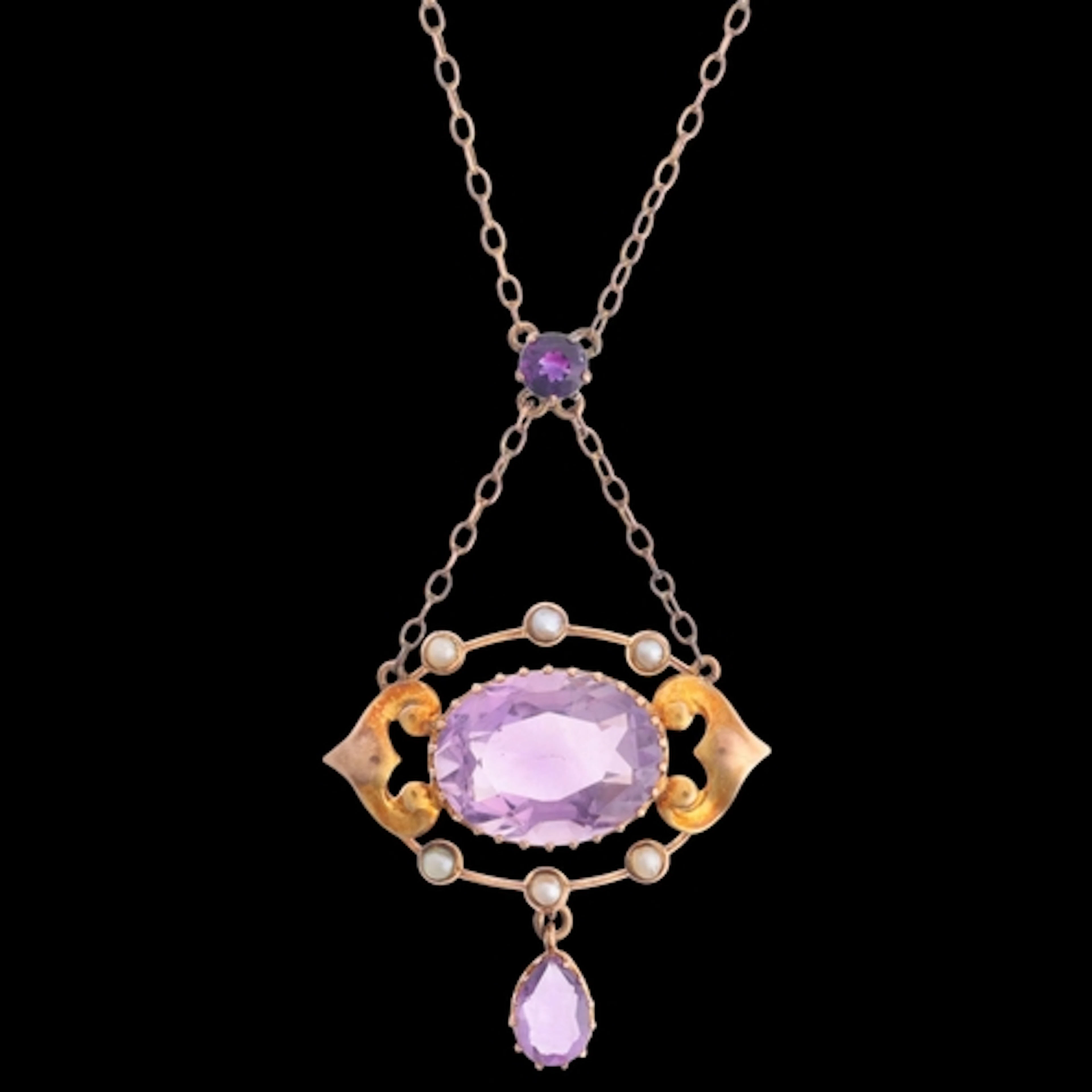 An Art Nouveau 9ct rose gold amethyst and pearl lavalier pen...