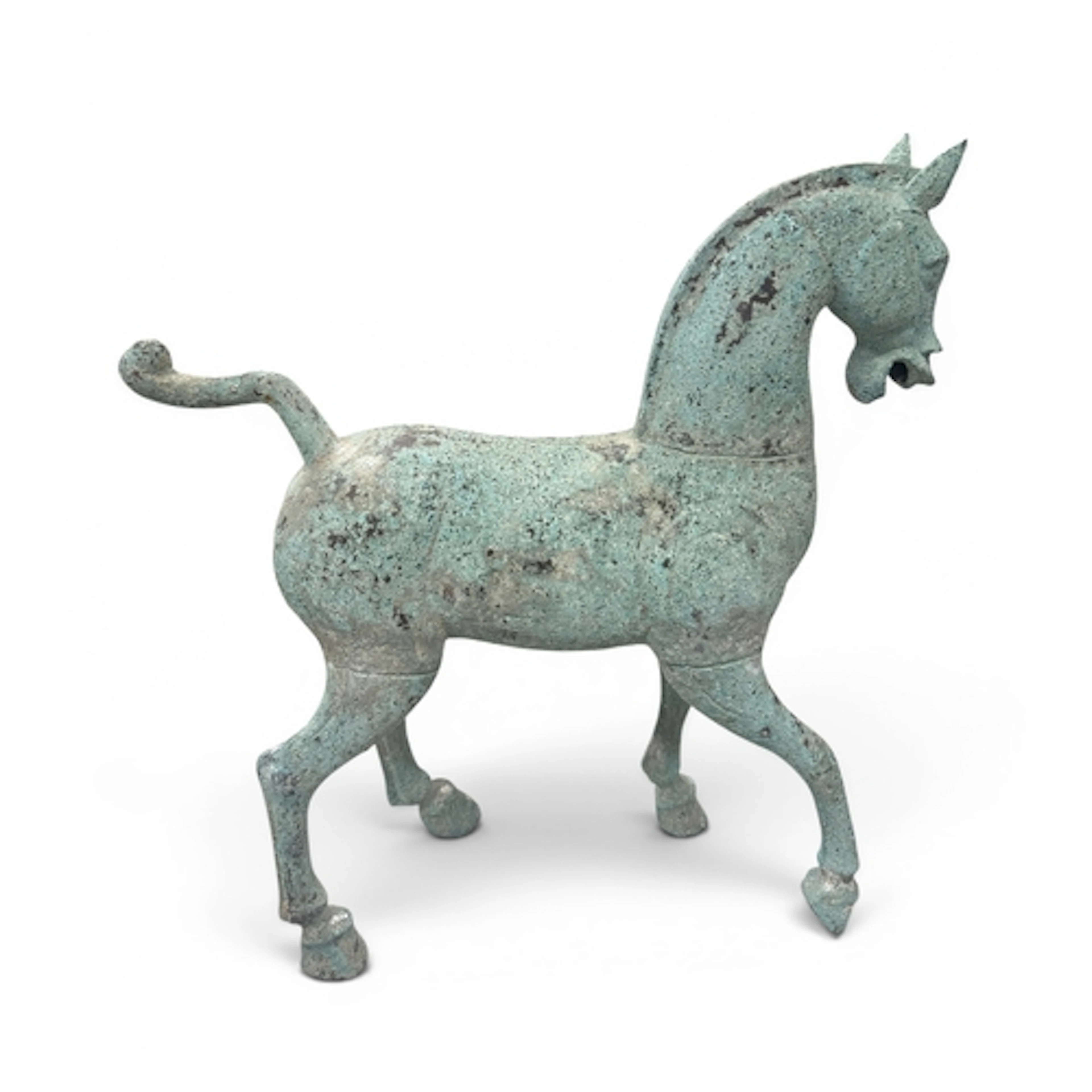 A CHINESE TANG STYLE METAL HORSE, TOGETHER WITH A STONE BUDD...