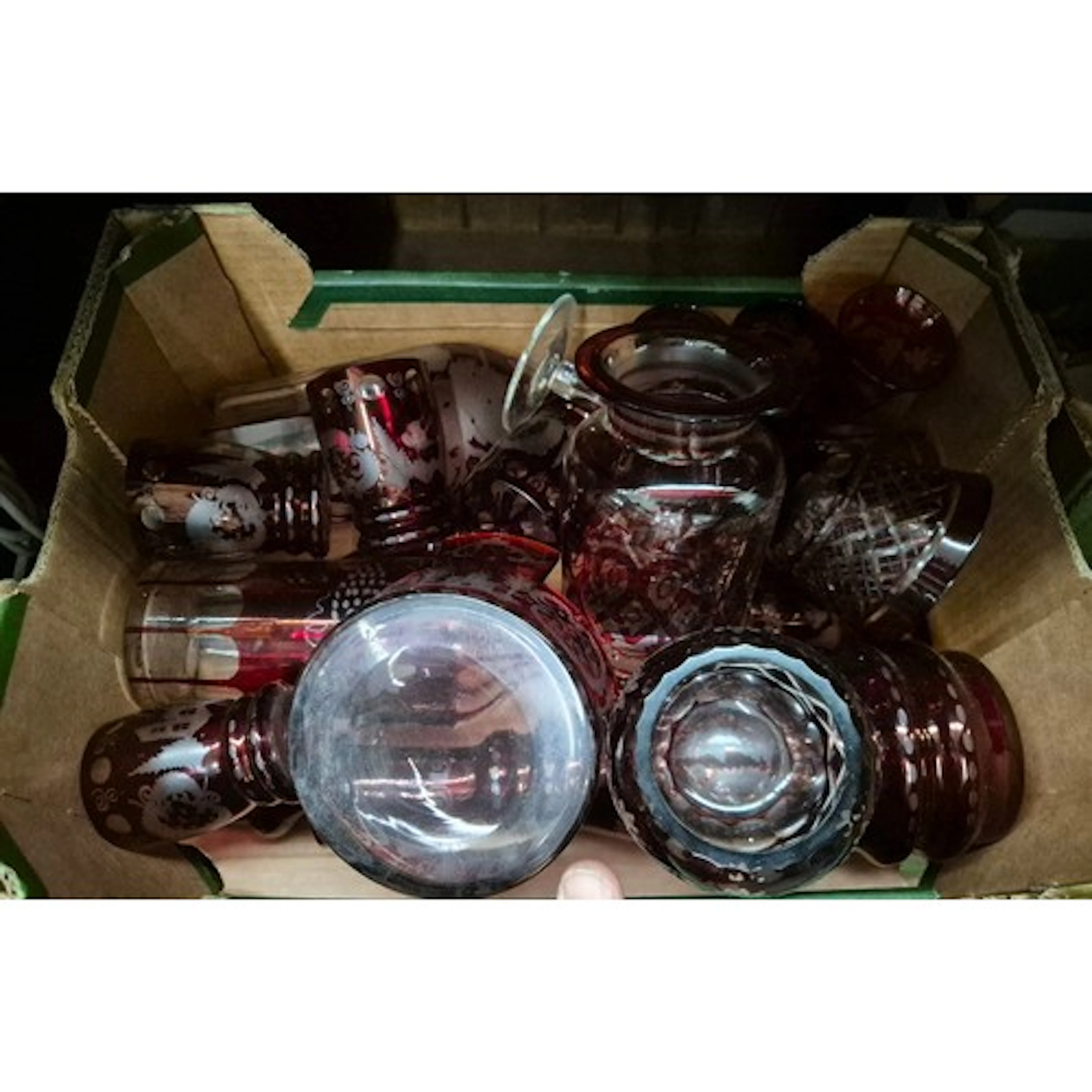 A box of cranberry glass wares, Approx 16 pieces