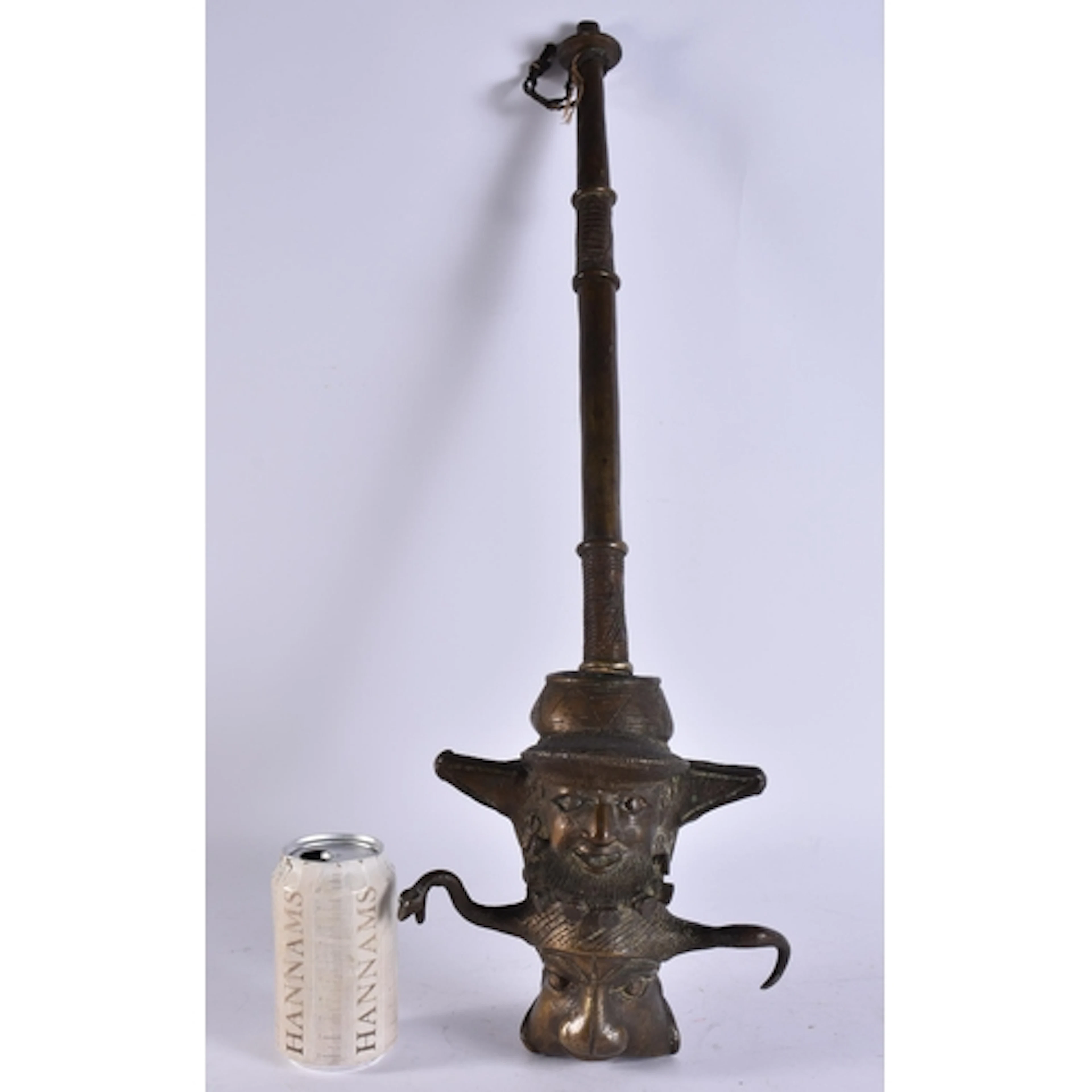 A LARGE ANTIQUE AFRICAN TRIBAL BENIN BRONZE PIPE. 69 cm long...