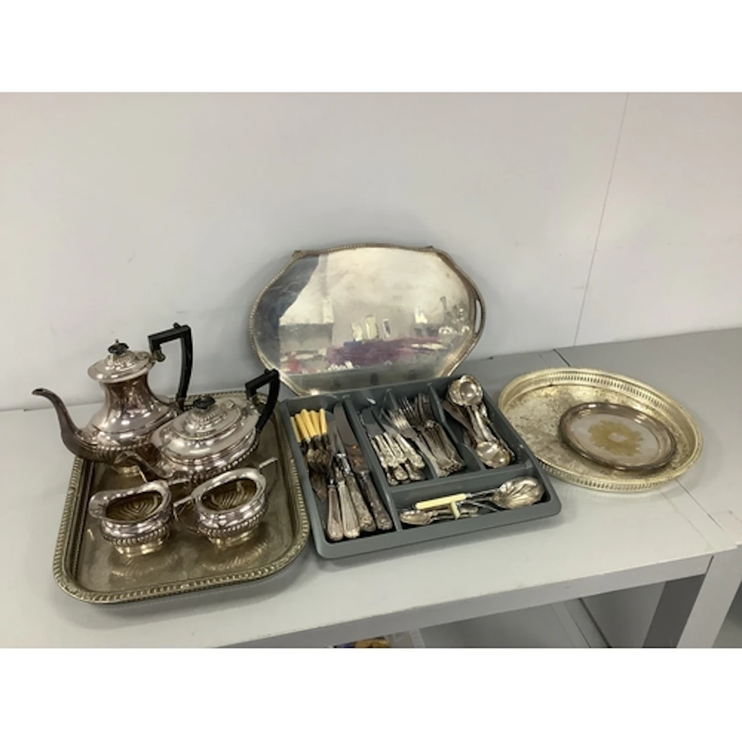 A Plated Four Piece Tea Set, each of semi reeded form; toget...