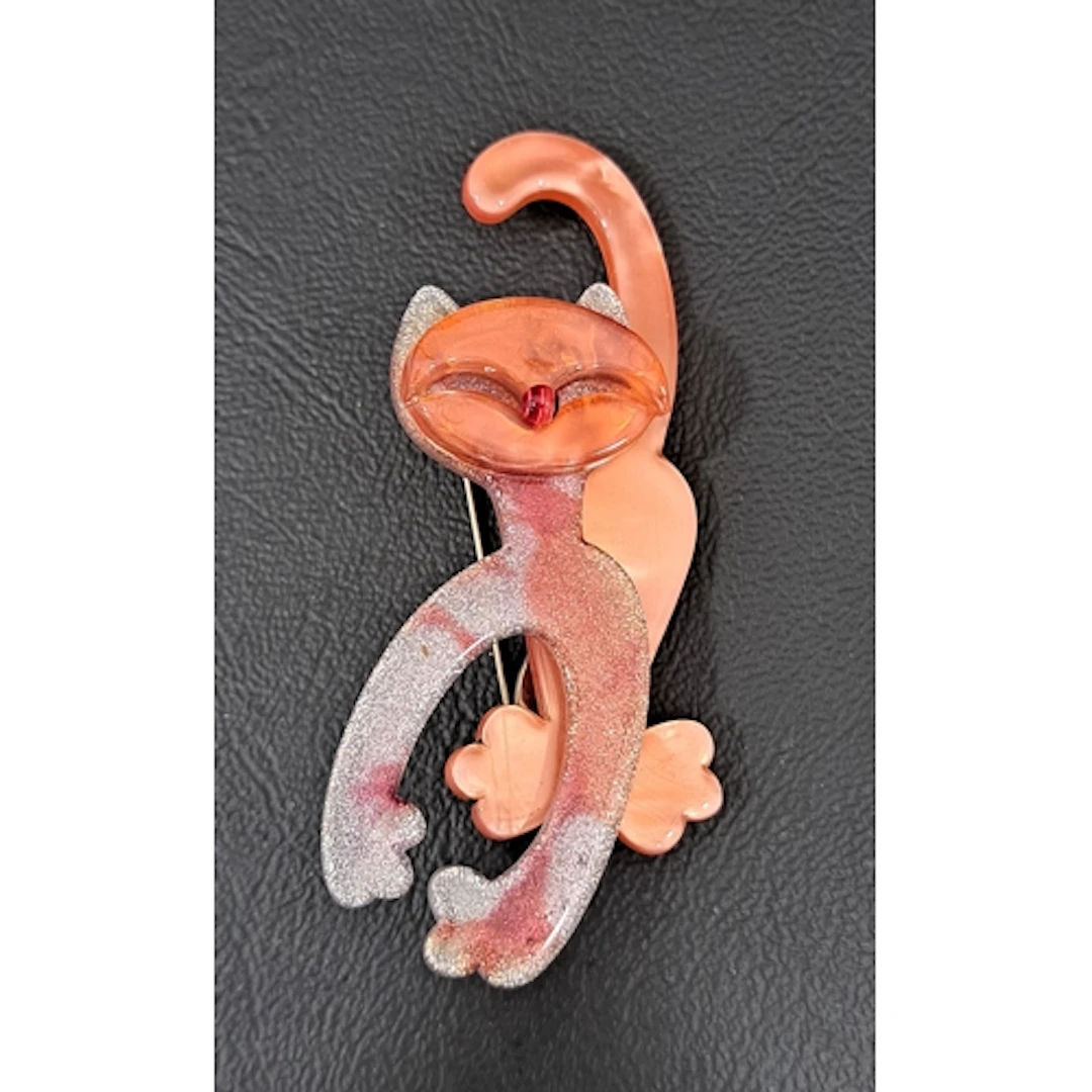 LEA STEIN FELIX THE CAT BROOCH in peach and silver with glit...