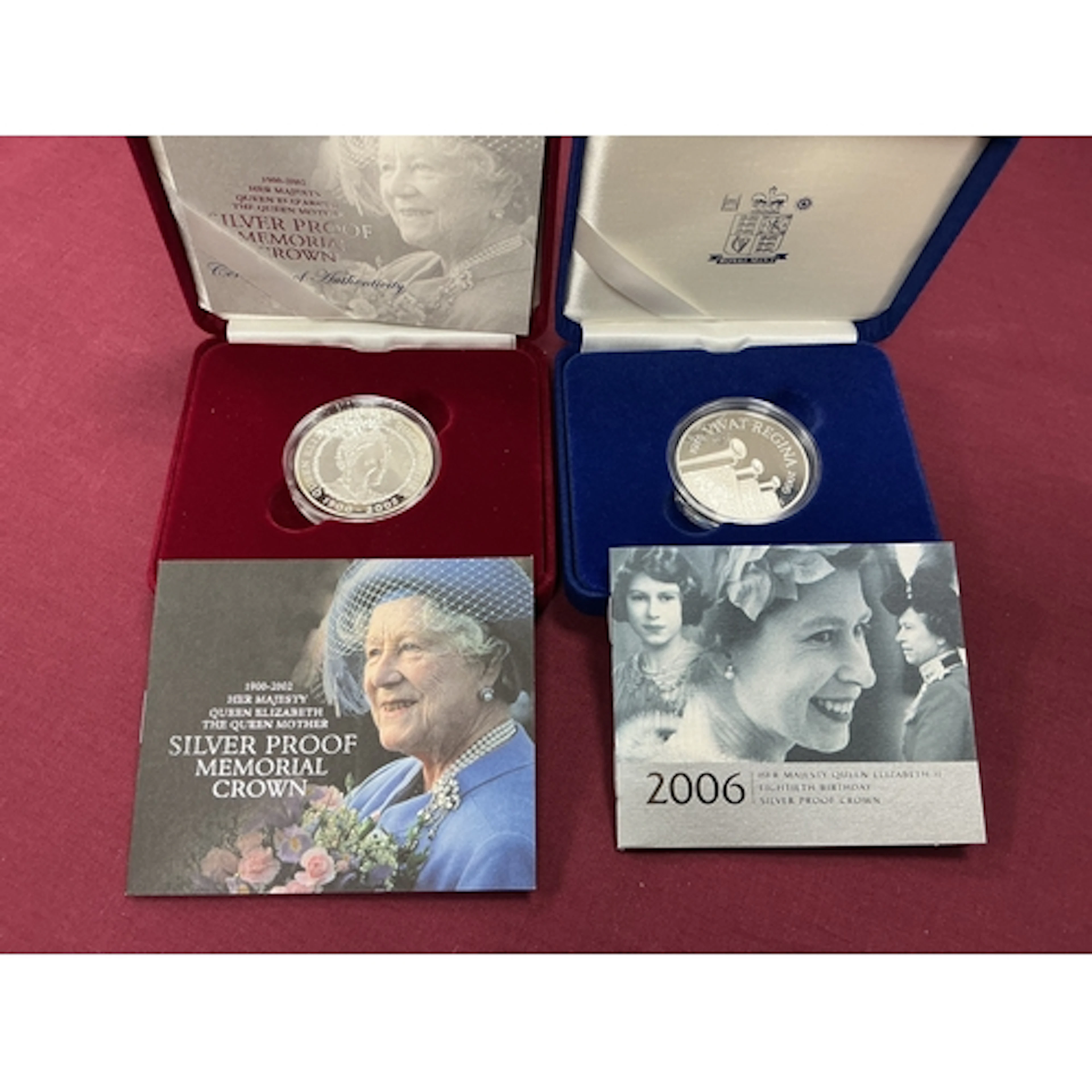 Two Royal Mint Silver Proof Crowns, 2002 Queen Mother memori...