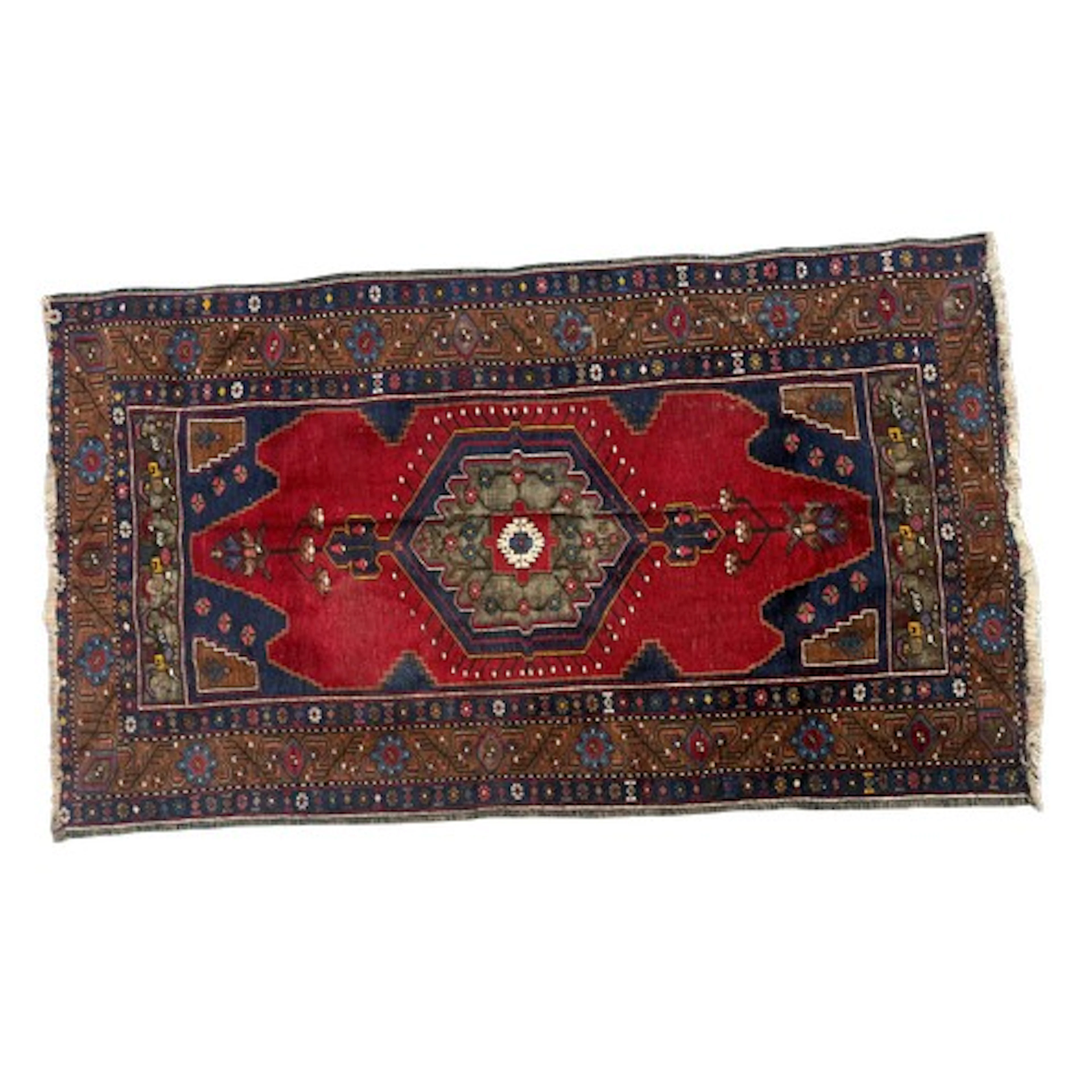 Vintage hand woven blue, brown and red ground wool rug. 203c...