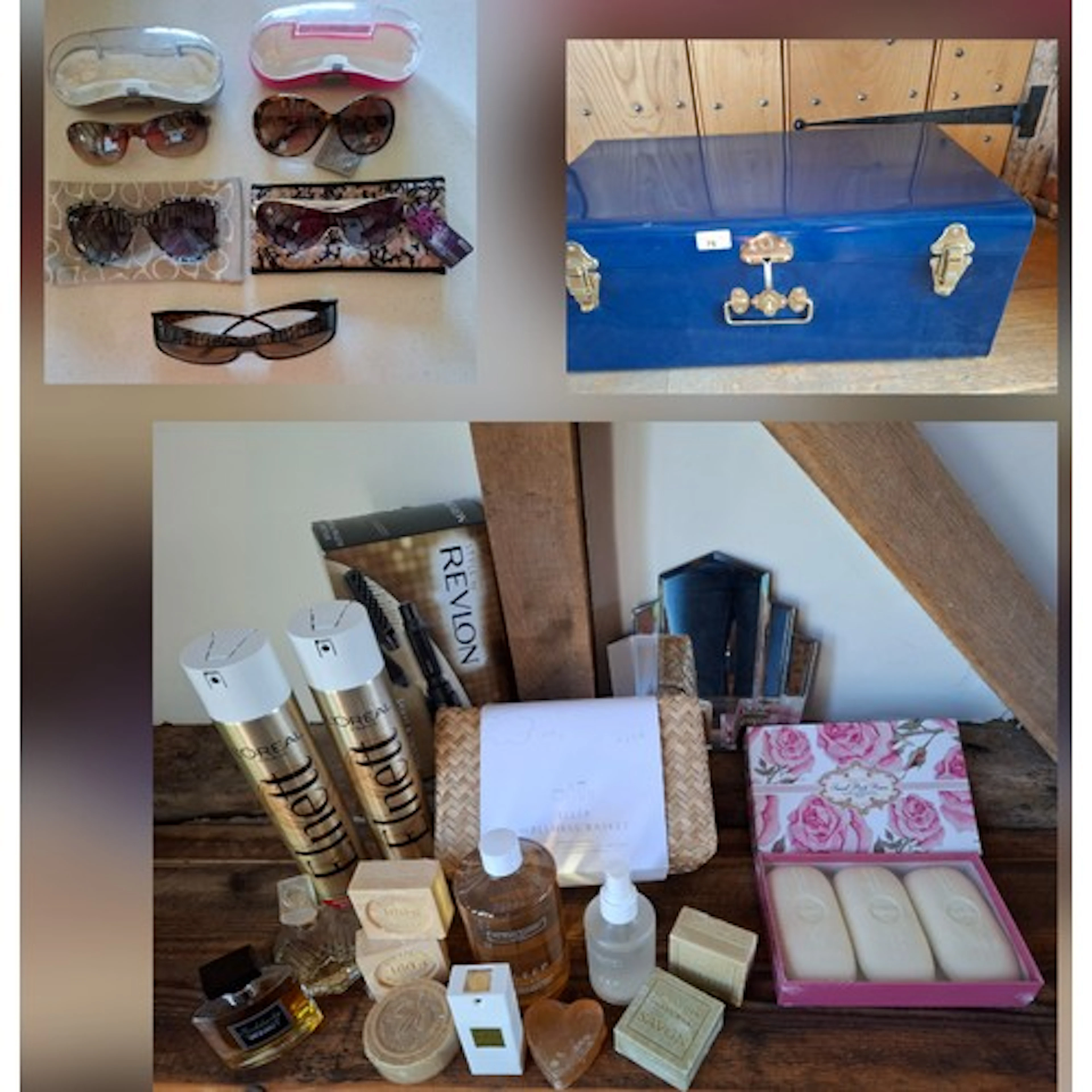 A collection of beauty products all housed in a small navy t...