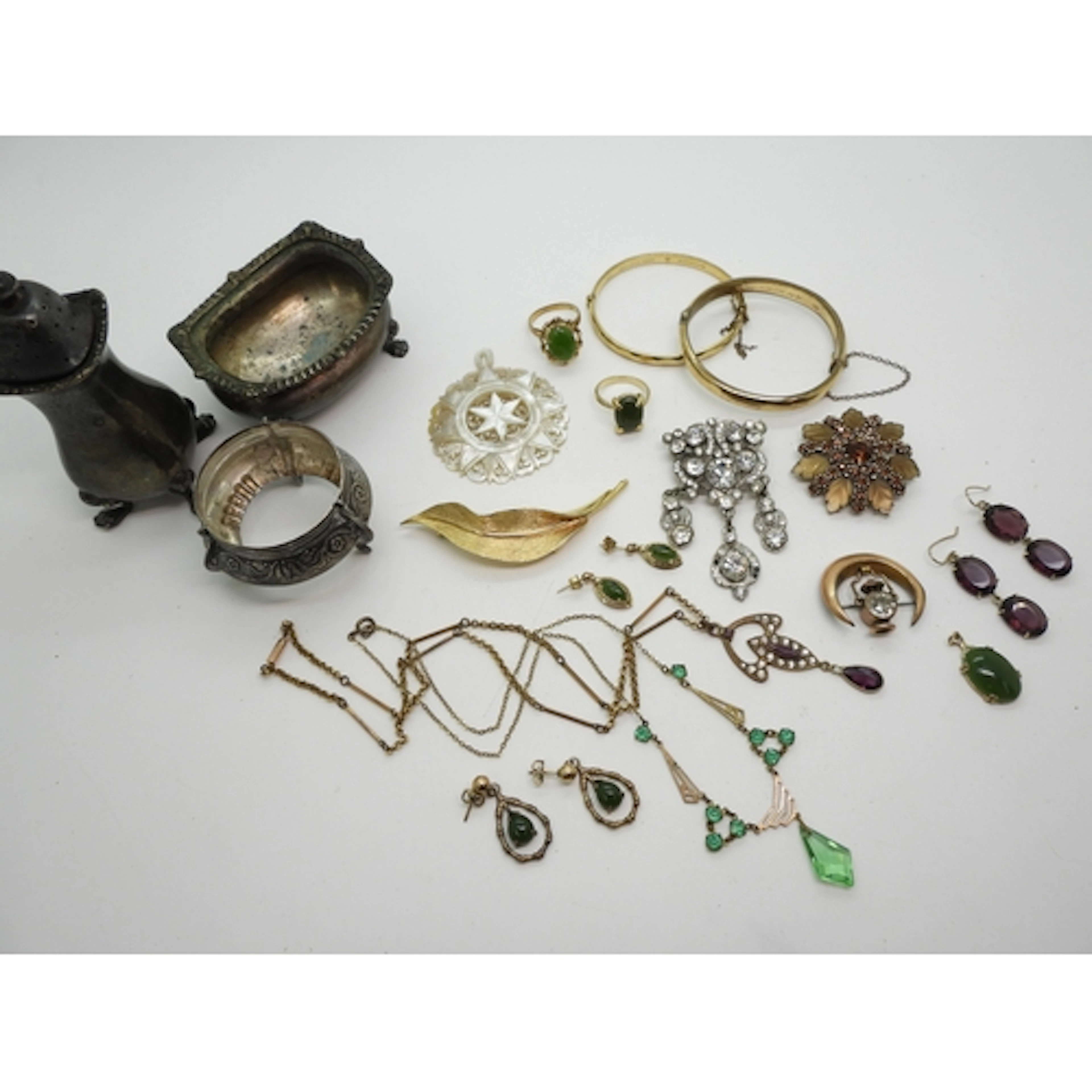 Vintage necklaces, one with a 9ct clasp, rolled gold bangles...