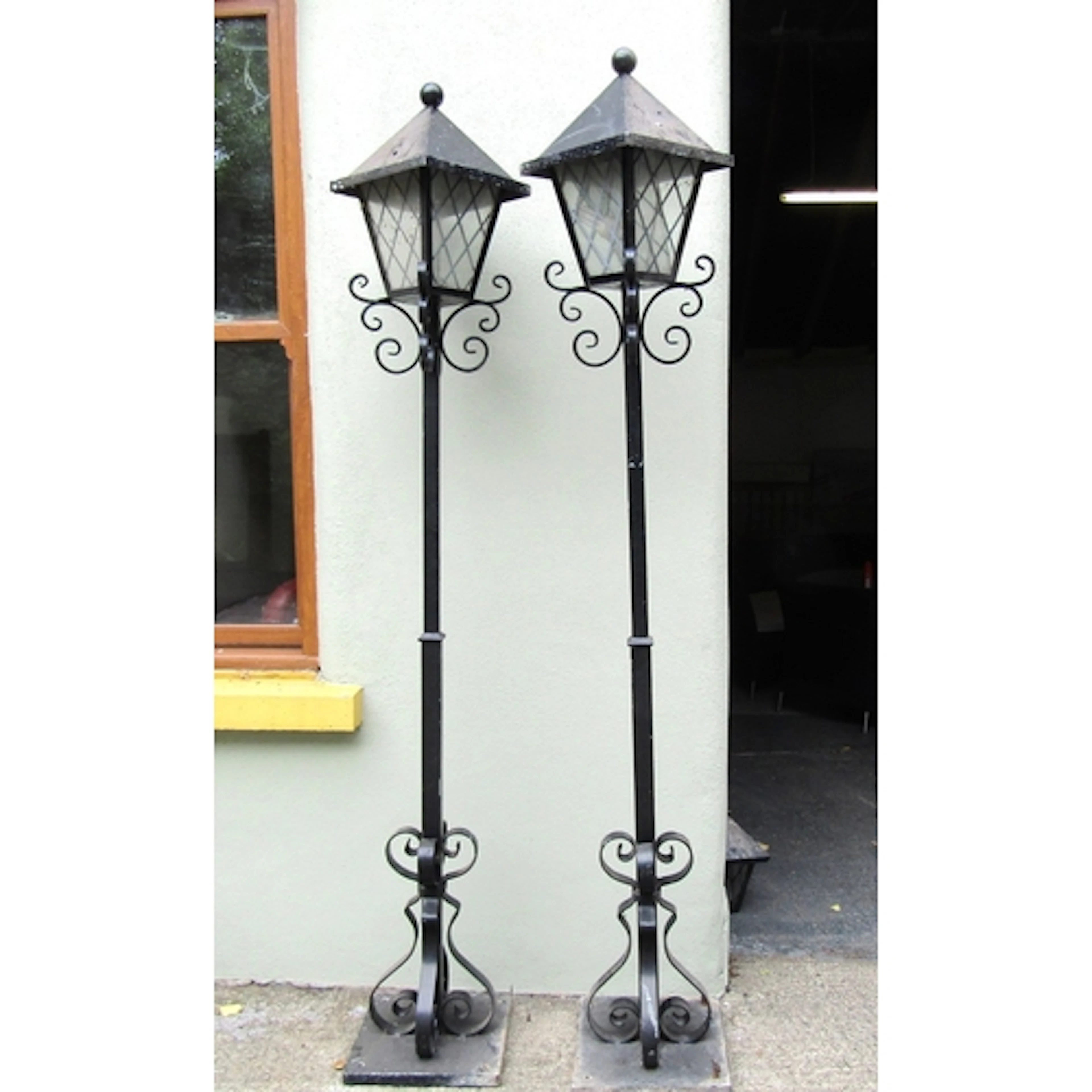 Pair of Pillar Form Lantern Lights Cast Iron and Wrought Met...