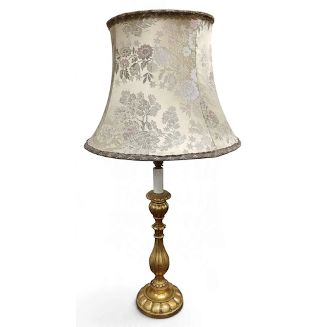 A good Timber Gilt Table Lamp with shade. H 80 cm approx.