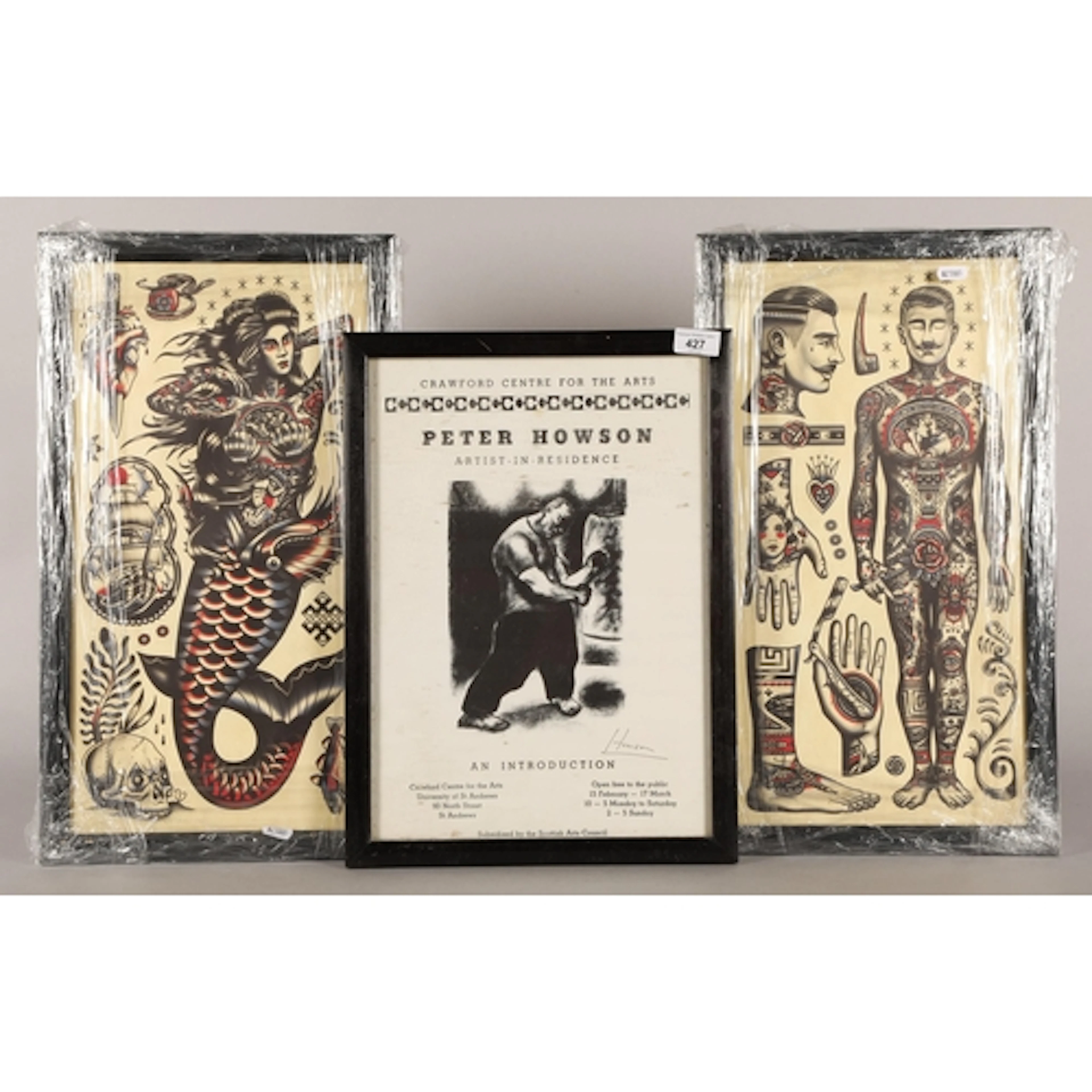 Eight framed pictures to include signed Peter Howson exhibit...