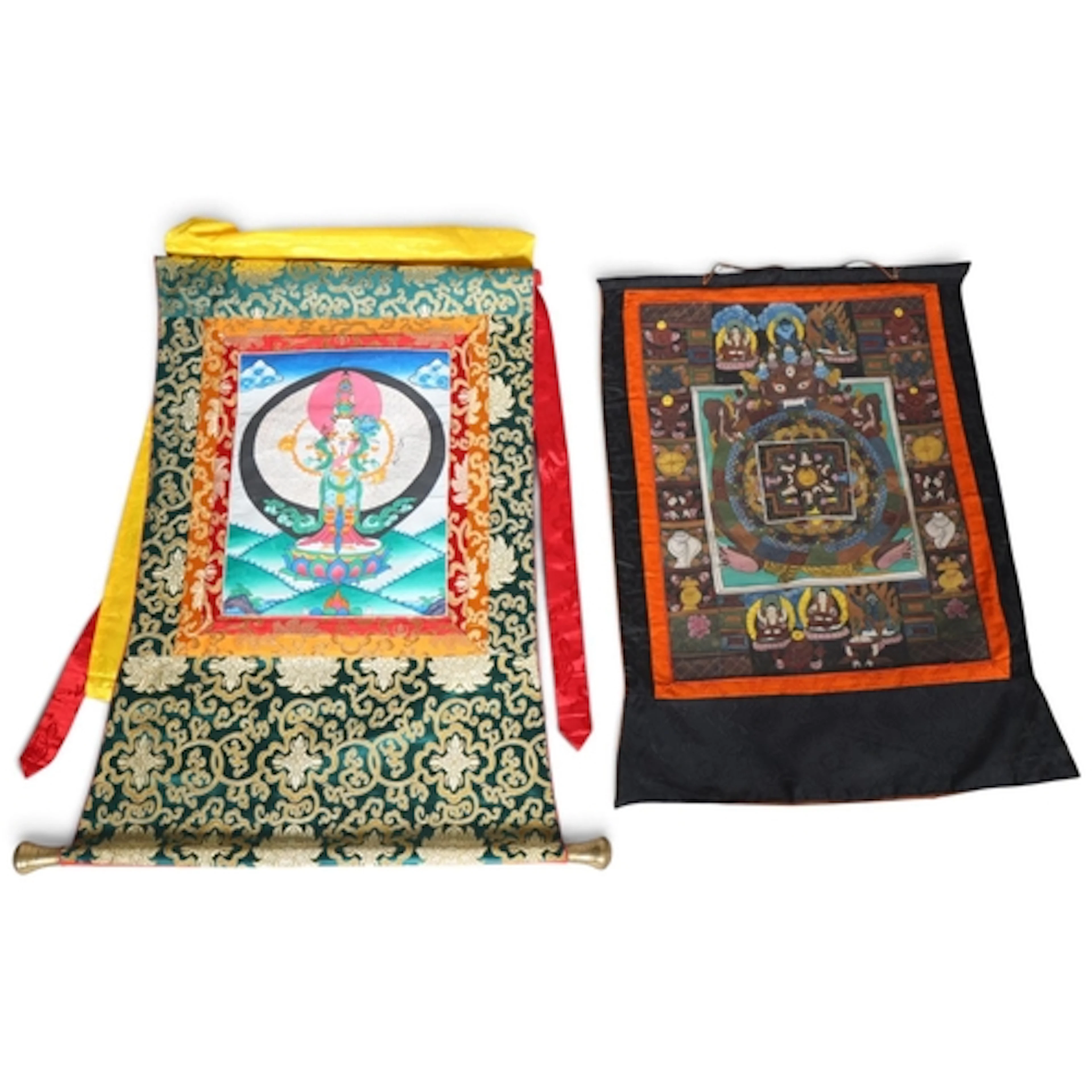 2 Tibetan Thangka, hand painted panels on silk ground, mid t...