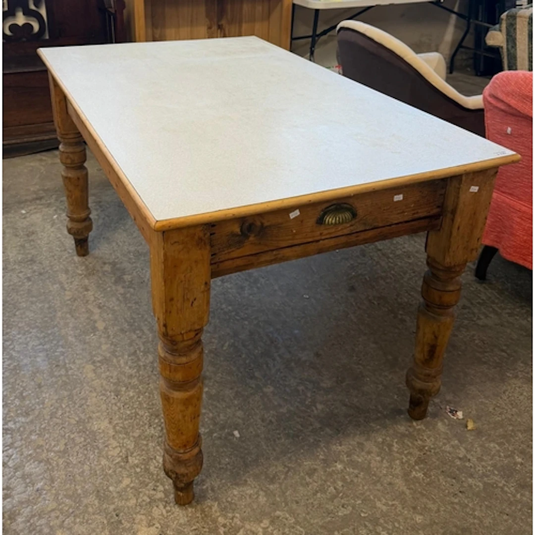 Late Victorian farmhouse pine Formica top single drawer kitc...