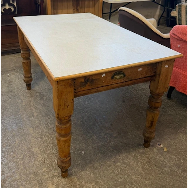 Late Victorian farmhouse pine Formica top single drawer kitc...