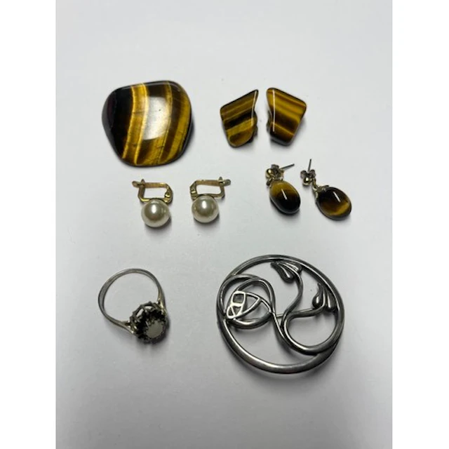 Silver Mackintosh style brooch, with tigers eye earrings, st...