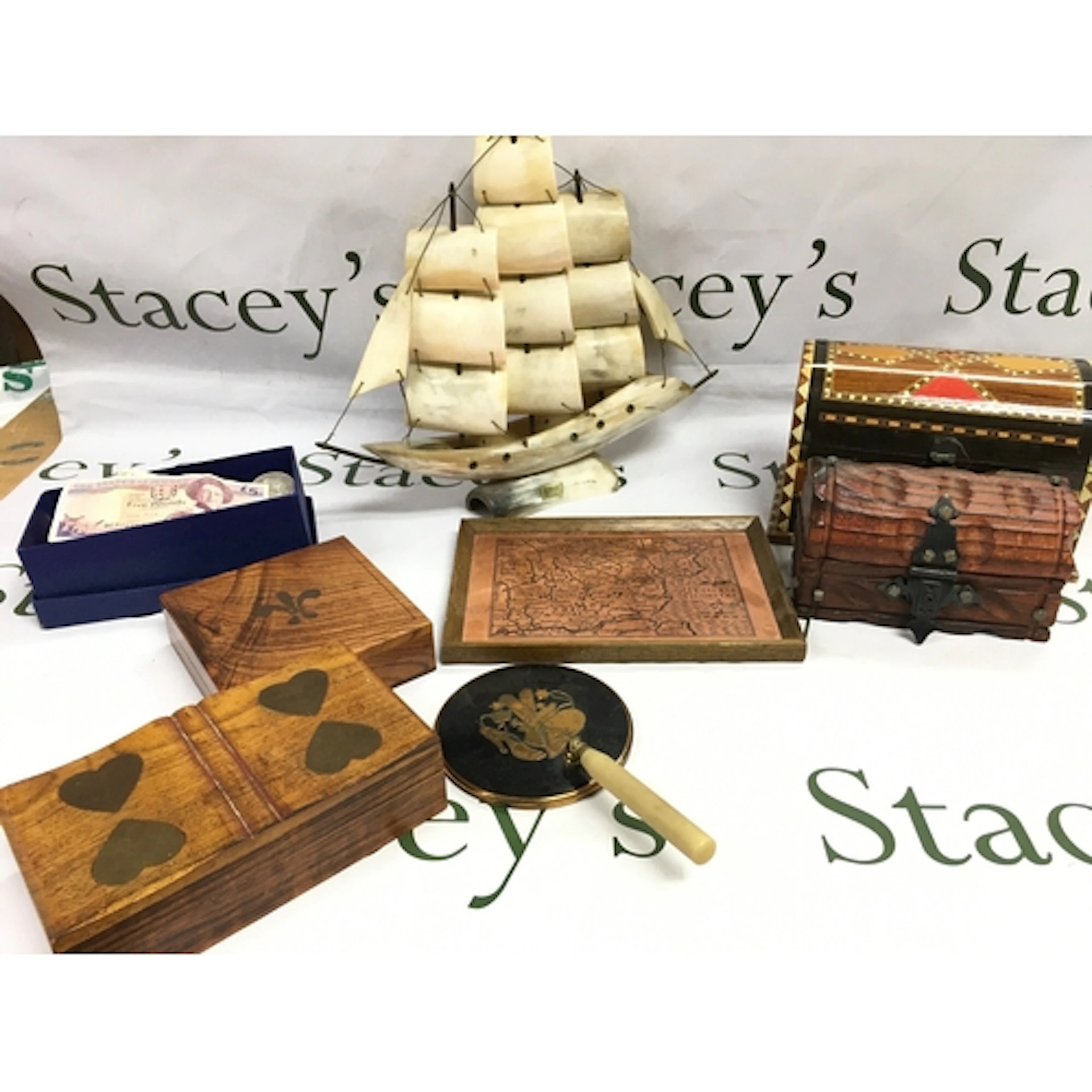 Wooden jewellery Boxes , a small framed brass map of Essex, ...