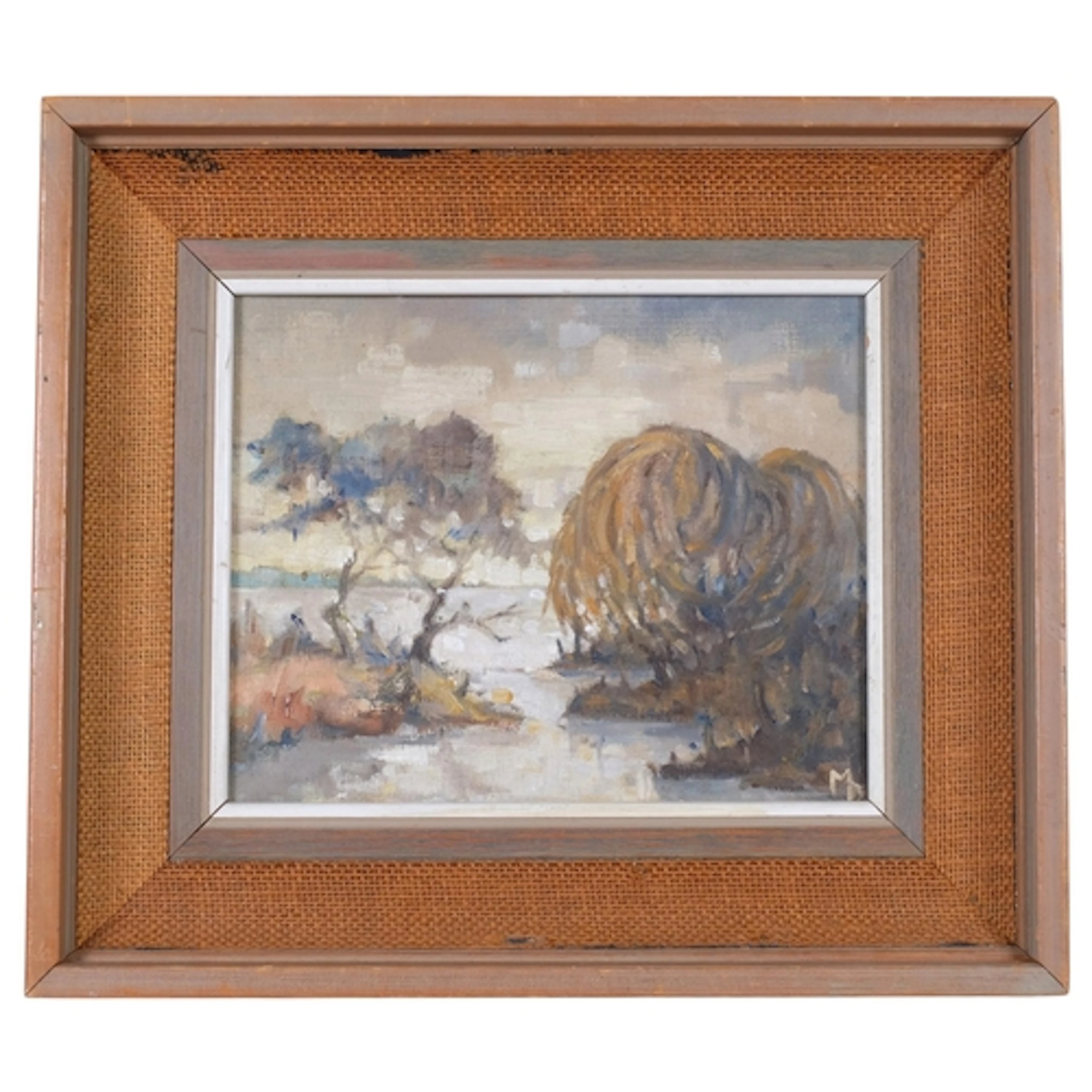 Impressionist river landscape, mid-20th century oil on board...