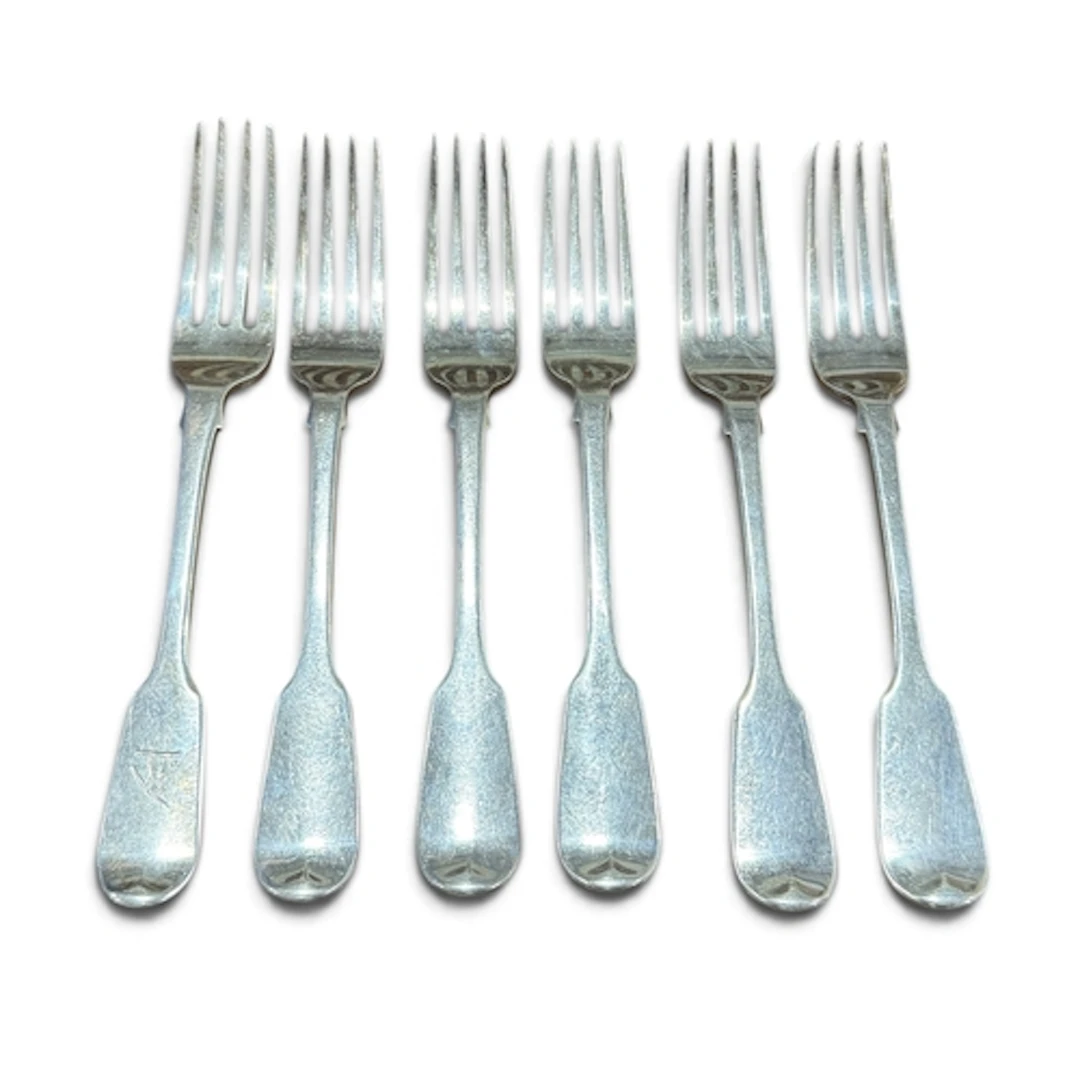 A SET OF FIVE WILLIAM IV SILVER FIDDLE PATTERN DESSERT FORKS...