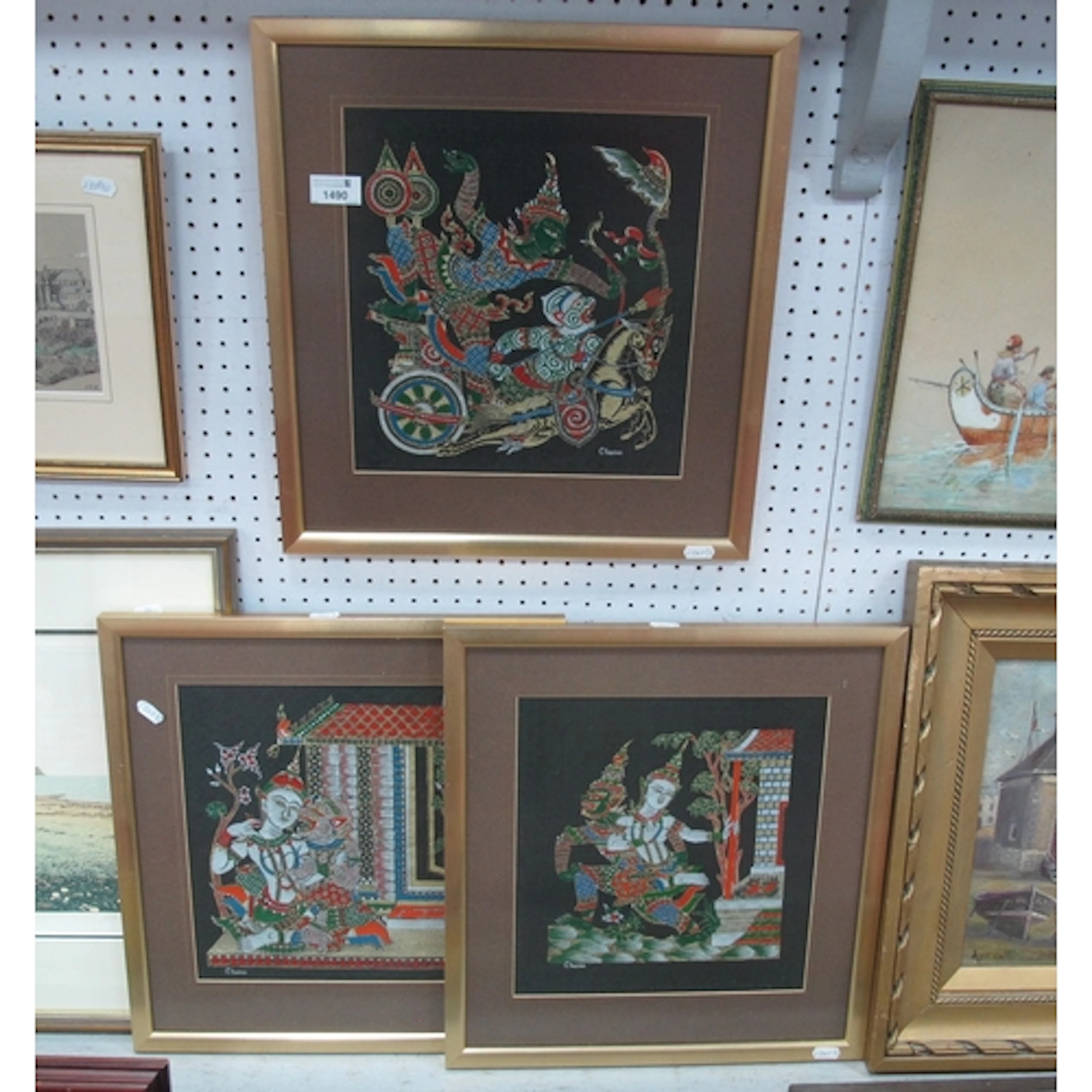 Three Vintage Framed Thai Fabric Artworks Depicting Figures ...