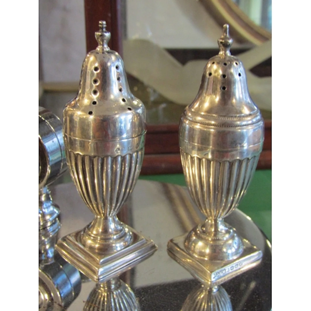 Pair of Antique Silver Salt and Peppers Pedestal Form Fluted...