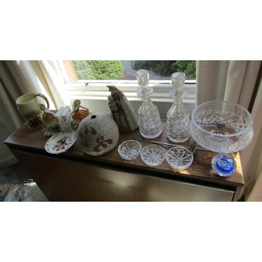 Shelf of Various Items Including Pair of Irish Cut Crystal D...