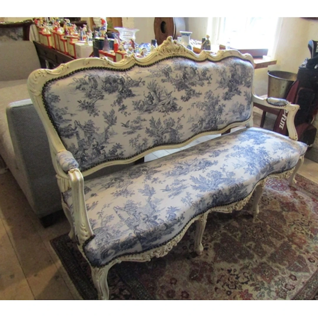 French Drawing Room Settee Blue and White Fabric Above Shape...