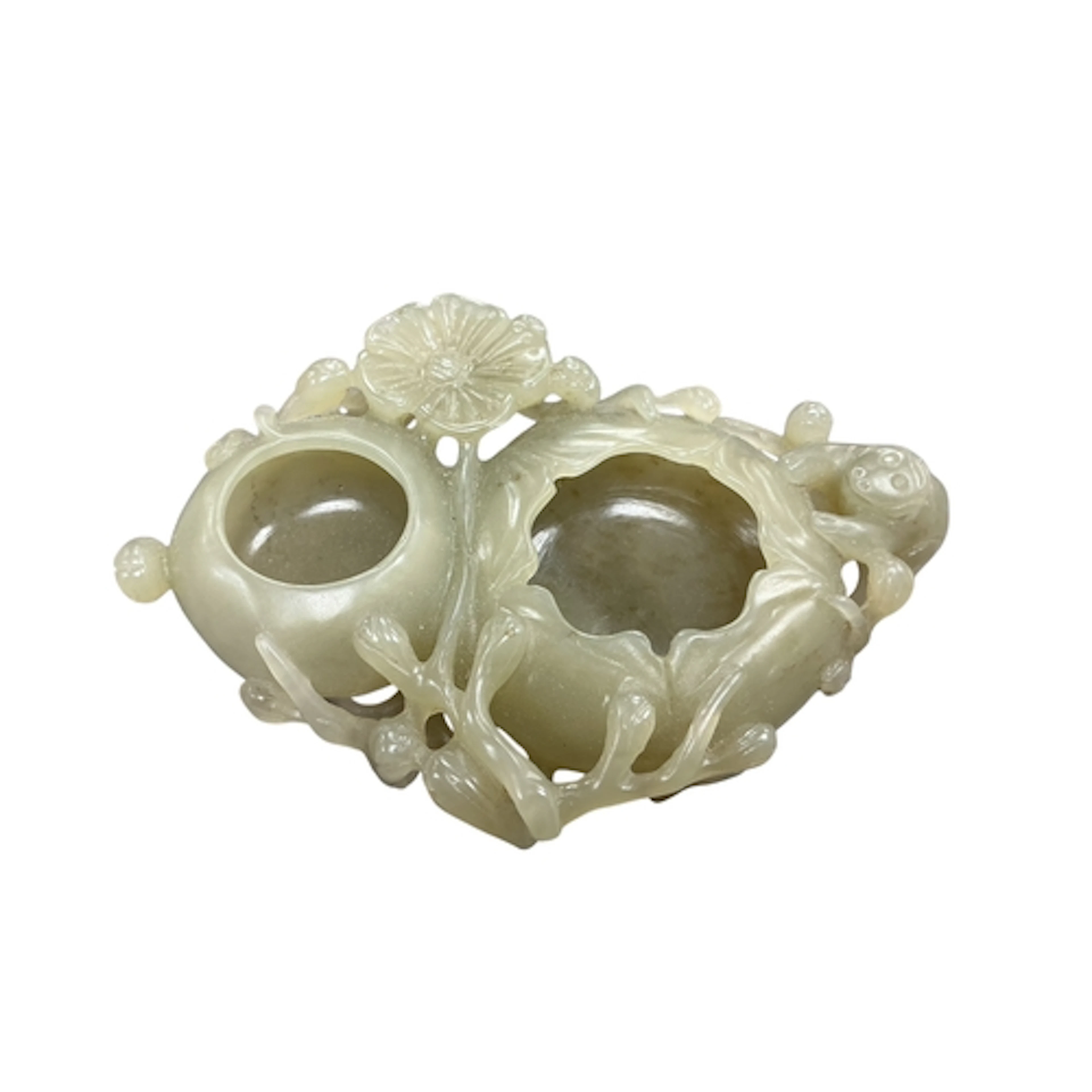 A Chinese celadon jade double brush washer, width 11cm....