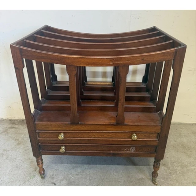 A mahogany Canterbury two drawer magazine rack.