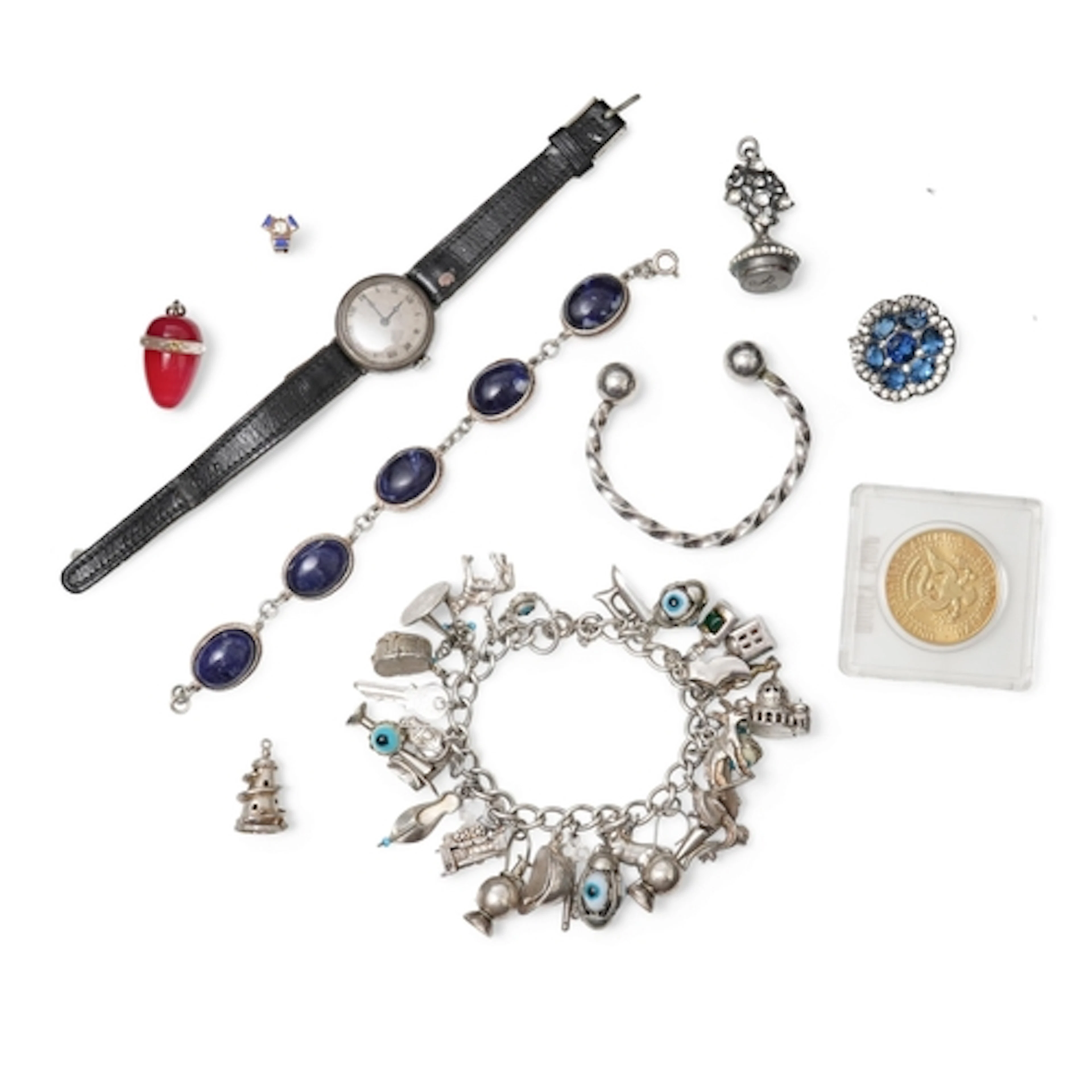 A collection of silver jewels, comprising: a single diamond ...