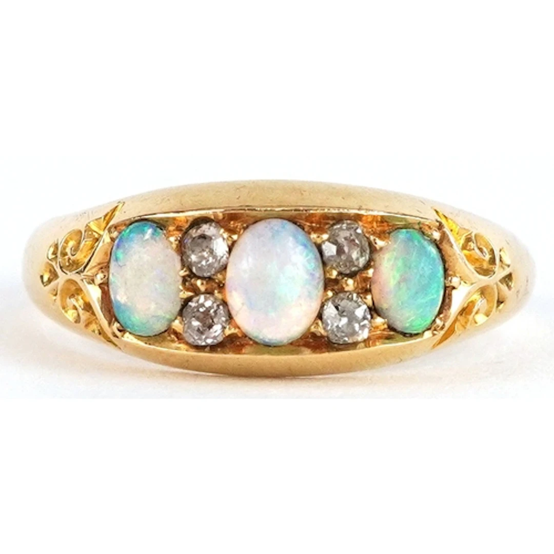 Victorian 18ct gold opal and diamond ring, Birmingham 1896, ...