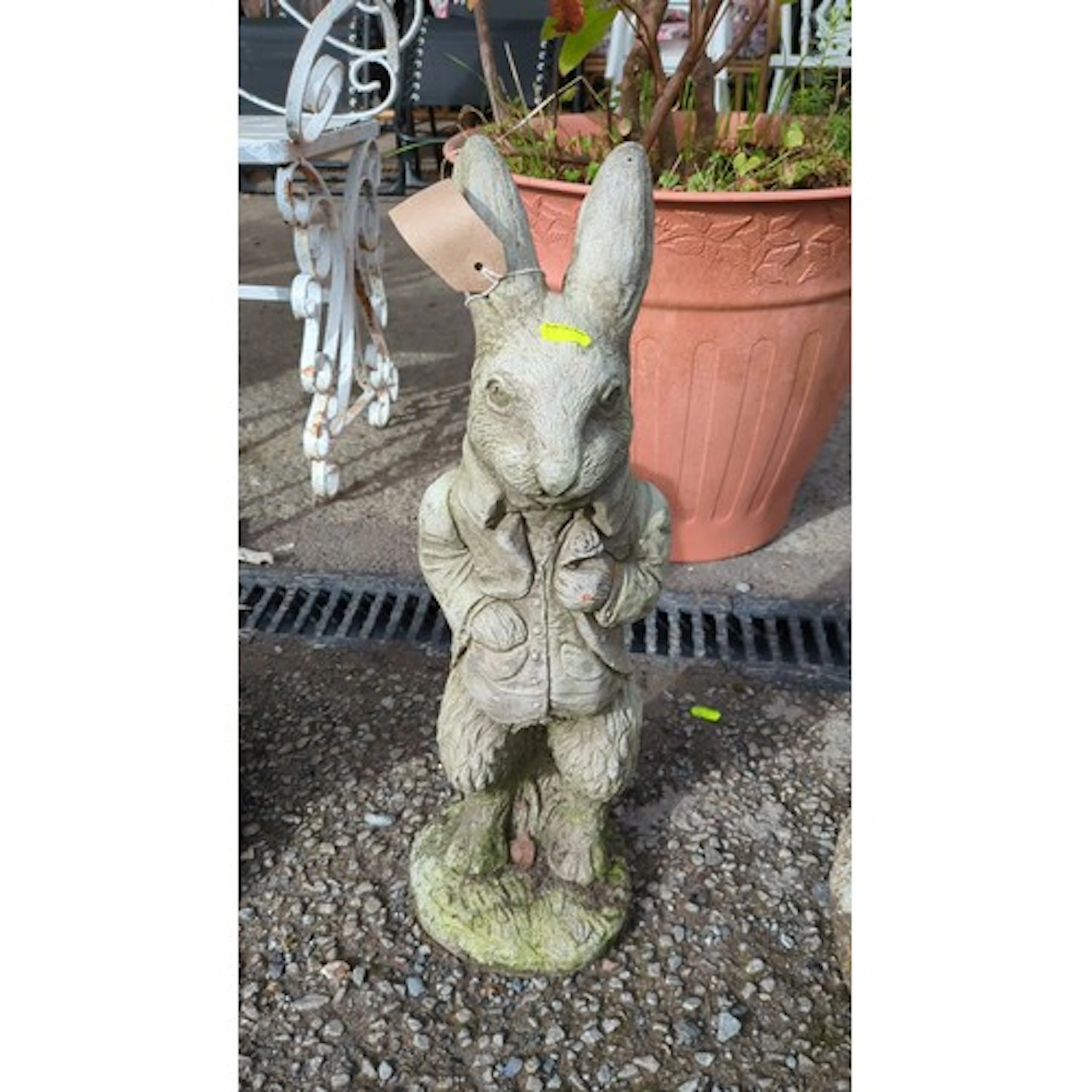 Concrete garden figure modelled as a standing rabbit in froc...