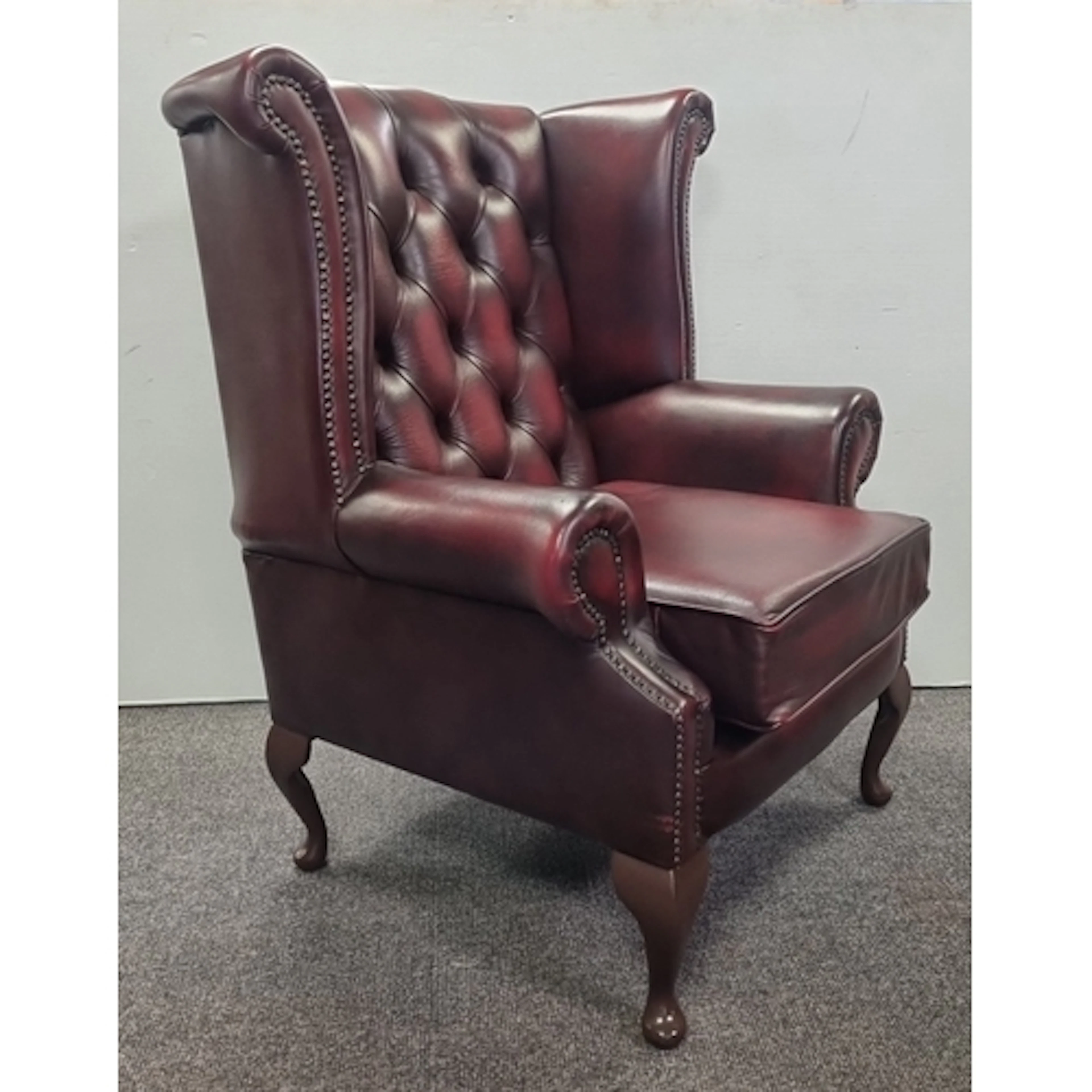 Classic Chesterfield Deep-Tufted Oxblood Leather Wingback Ar...