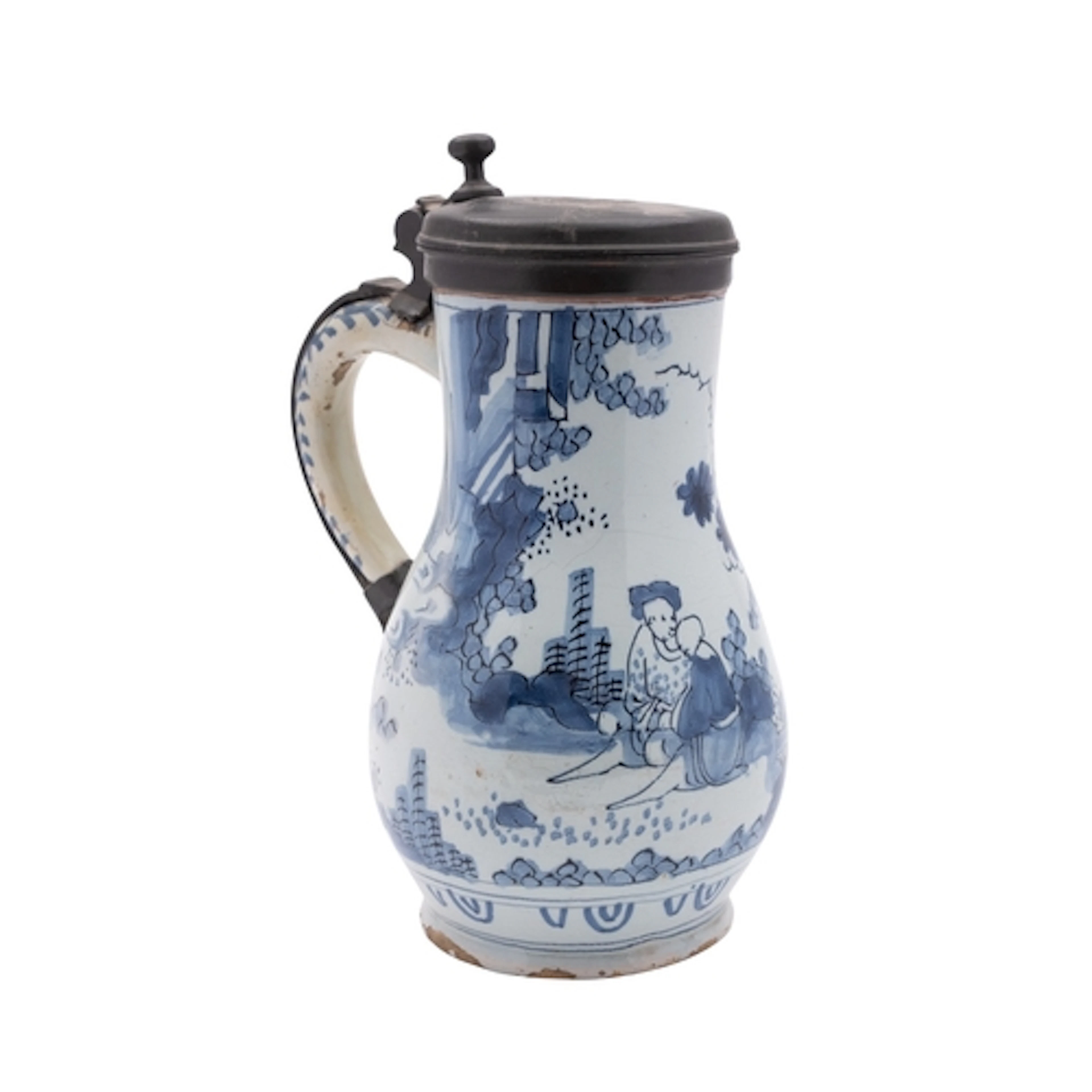A large German blue and white faience pewter-mounted tankard...